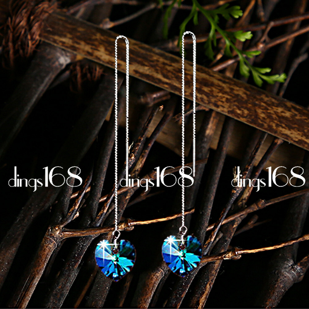 Designer Inspired 925 Sterling Silver Blue Crystal Heart Threader Earrings H1260