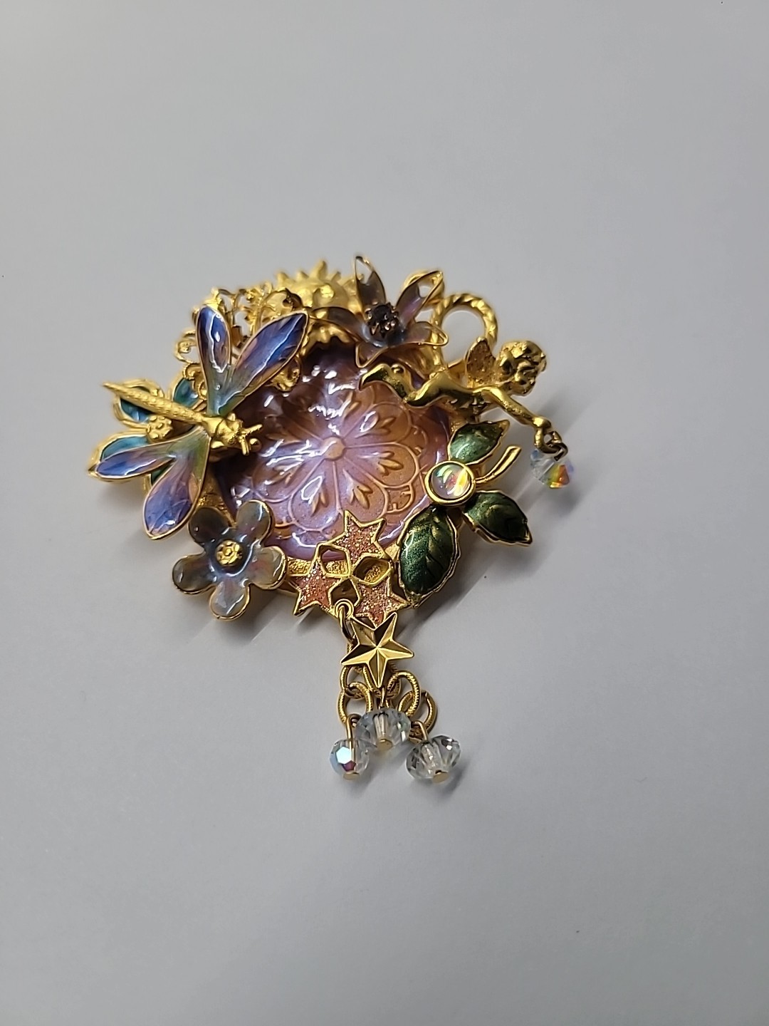 Vintage Kirks Folly Fairy Dragonfly Garden Brooch Iridescent Medallion Retired