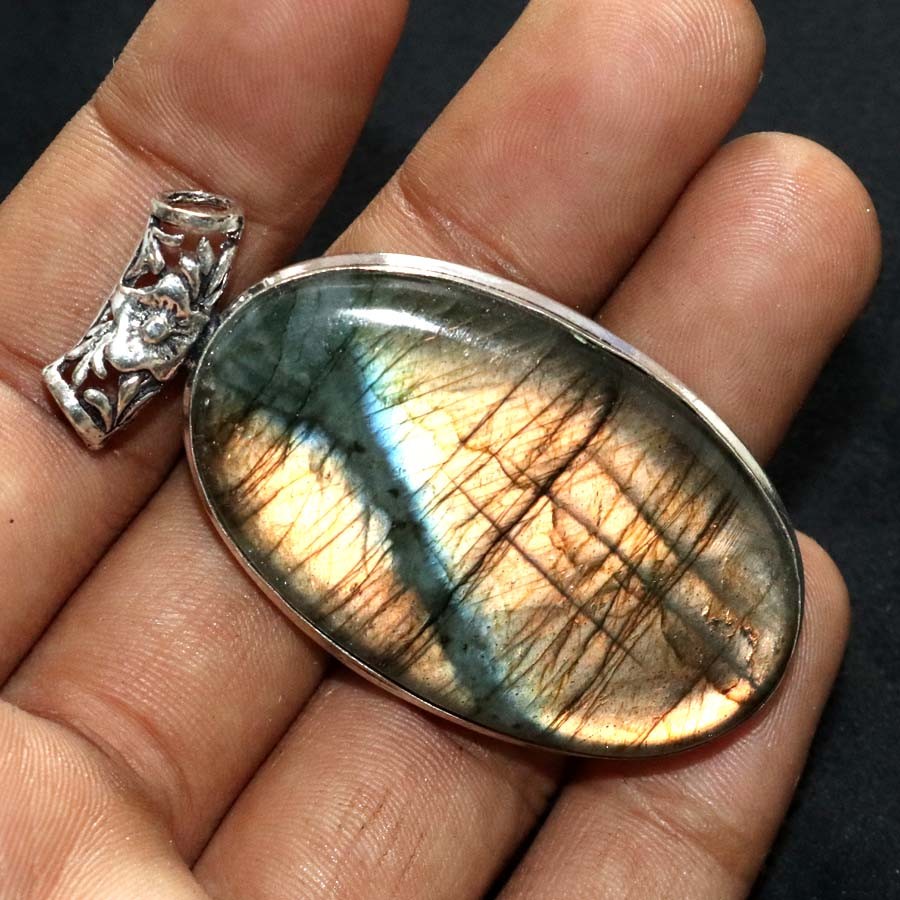 925 Silver Plated Fiery Labradorite Pendant 2.2″ New Year Jewelry Trendy GW