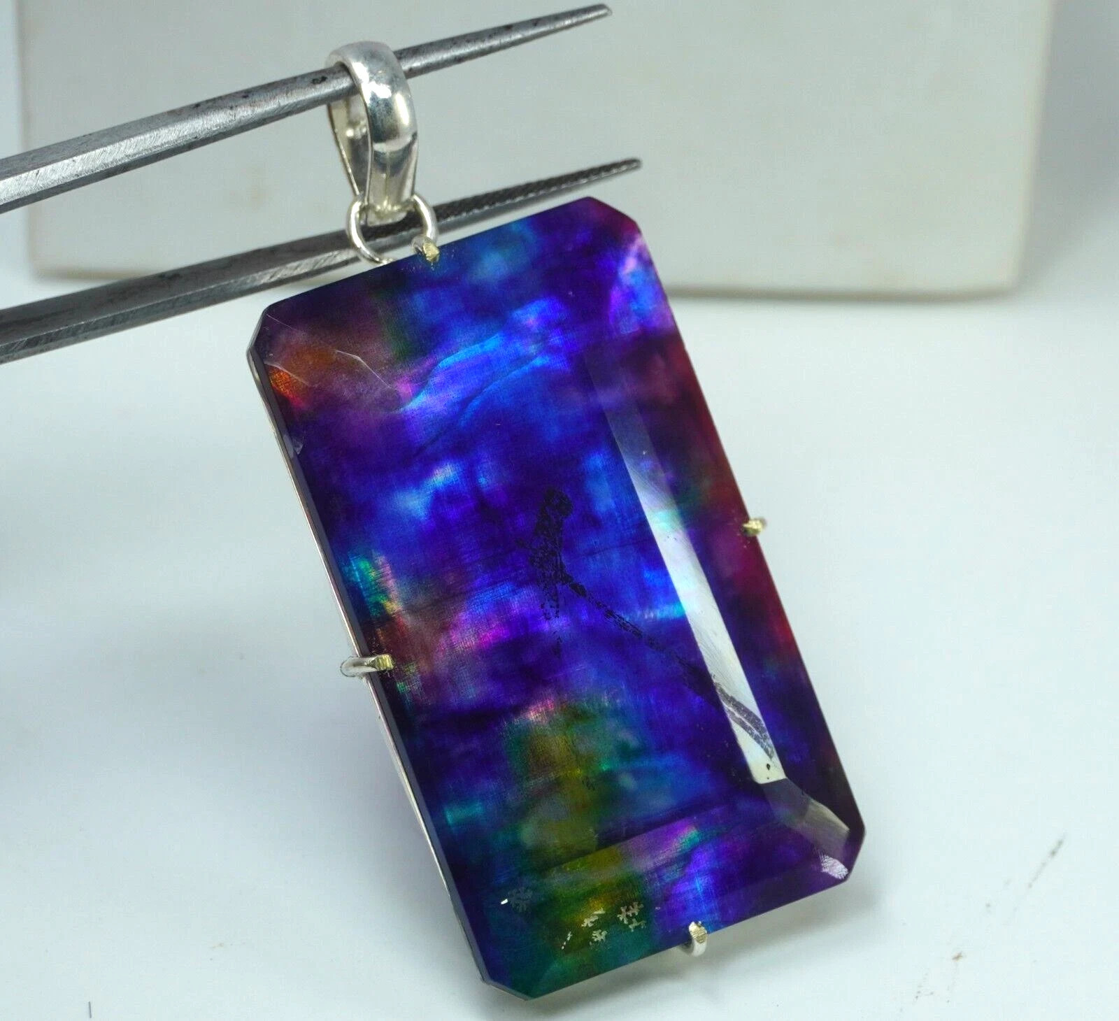 Certified 90 Ct Natural Ammolite 925 Solid Silver Rainbow Pendant Gemstone