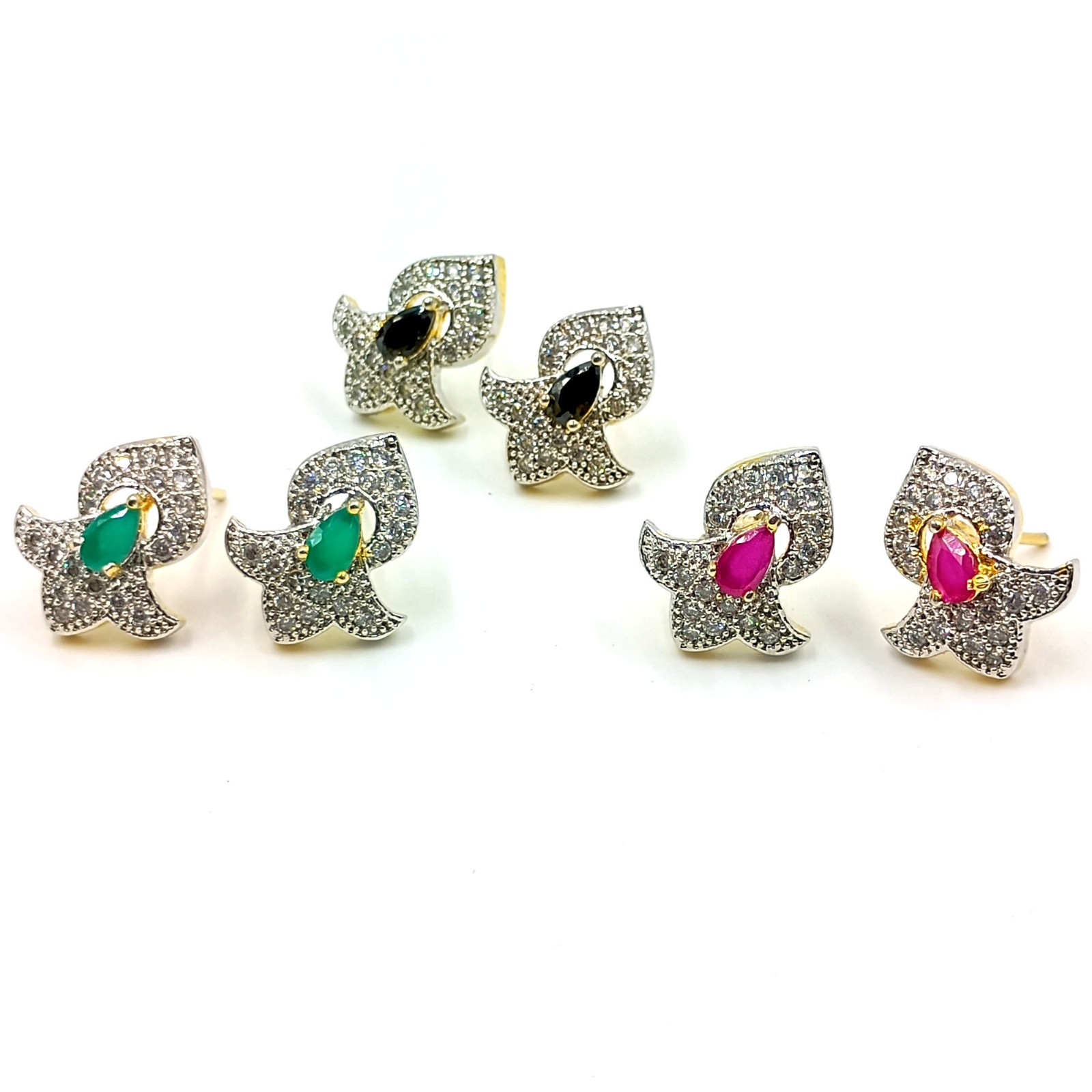 Gold Plated Stud Earrings Ruby Emerald Black Onyx CZ South Indian Wedding Style