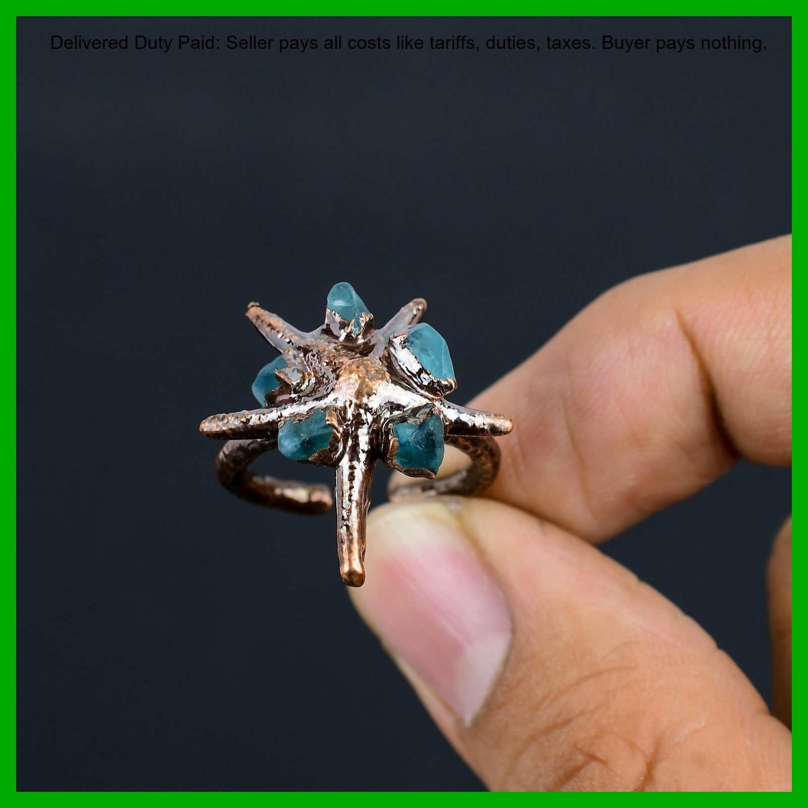 Pentagon Aquamarine Rough Stone New Electroformed Engagement Ring Jewelry Copper