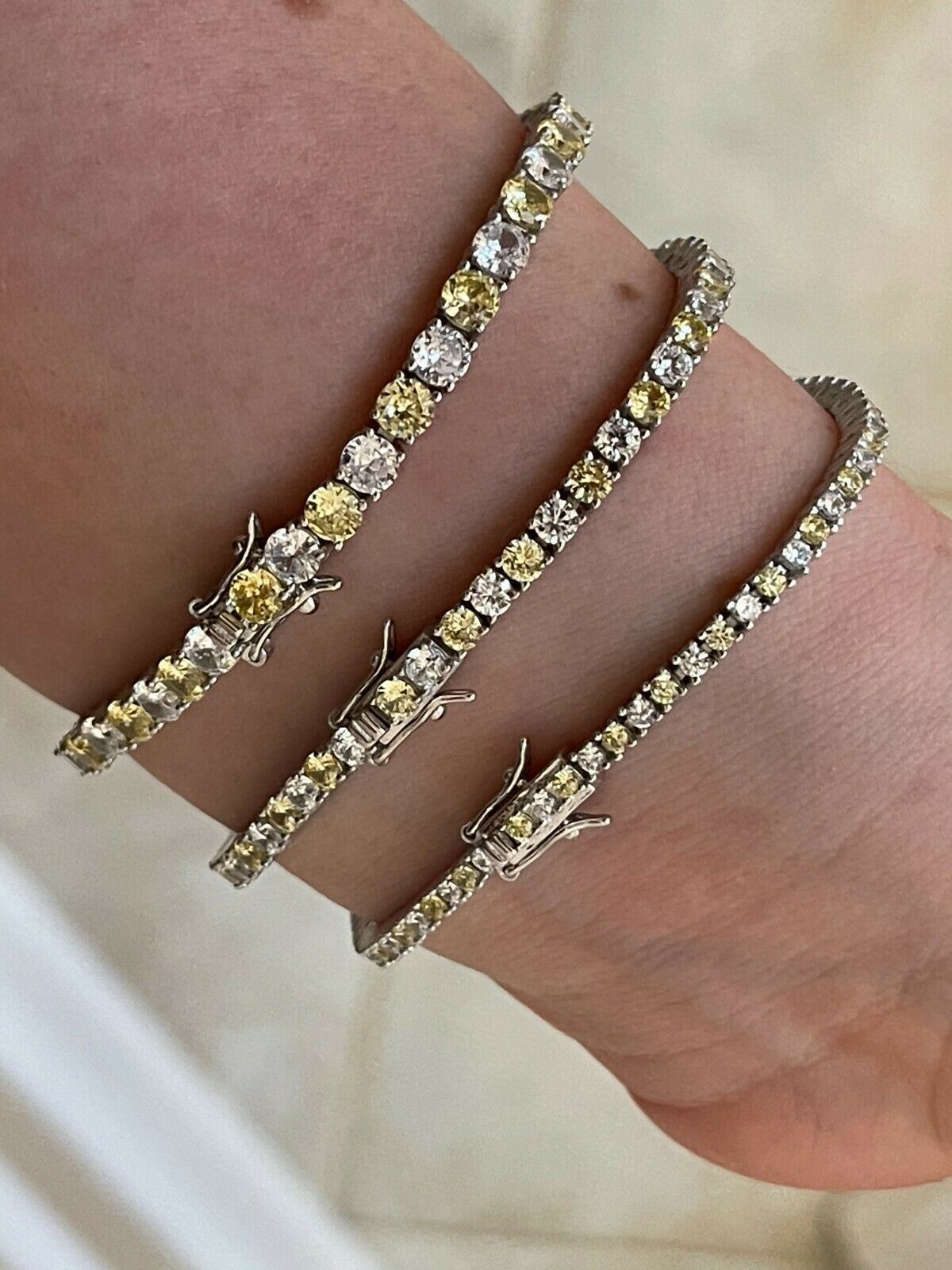 Tennis Bracelet SOLID 925 Sterling Silver Single Row Yellow Stone CZ Iced