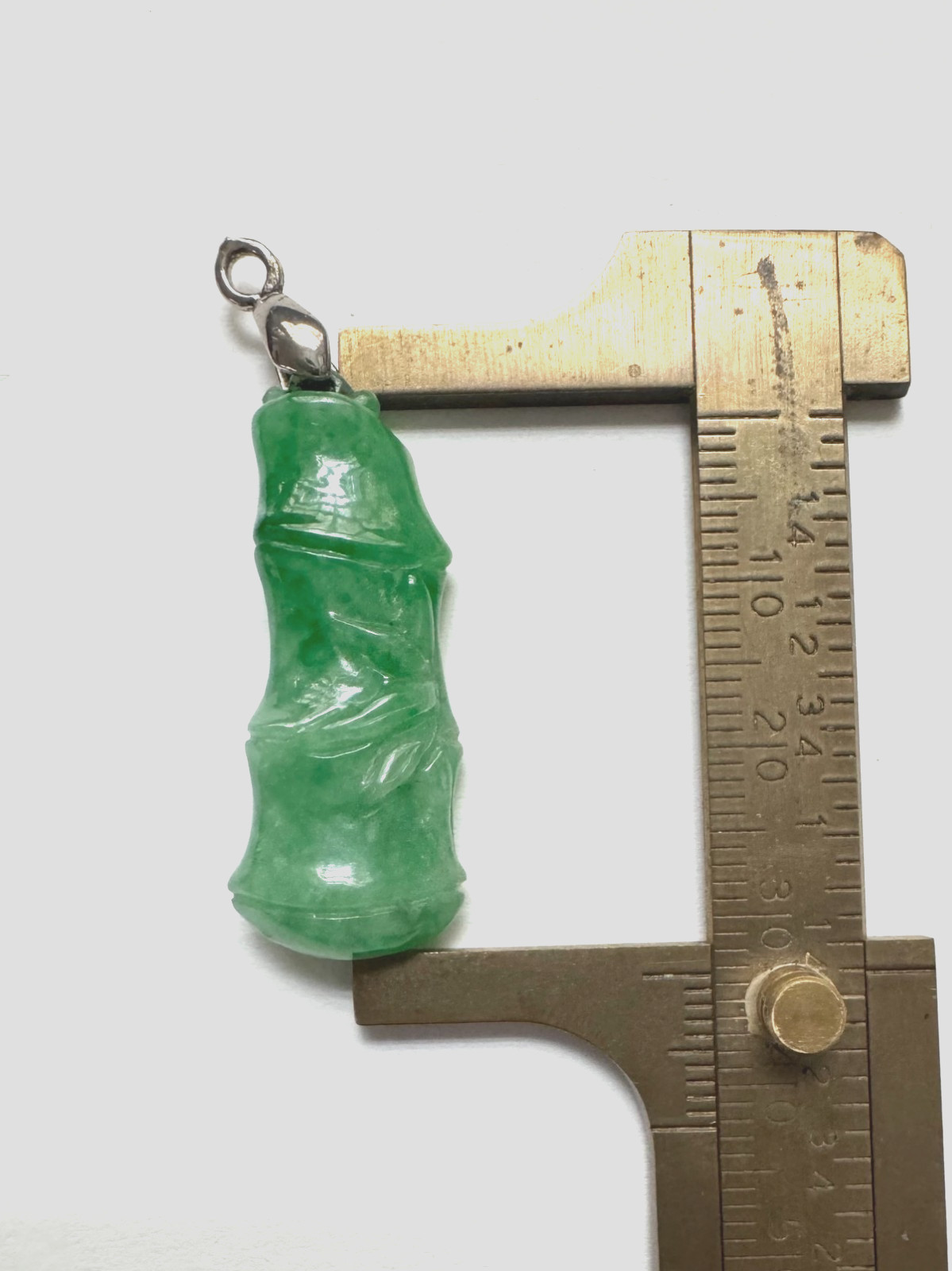 Green Jade Carved Bamboo Stalk Charm Pendant with Silver-Tone Bail
