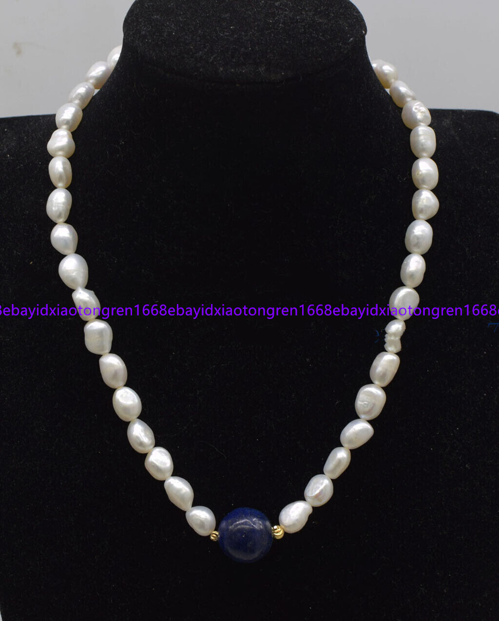 Natural 7-8mm White Freshwater Pearl & 14mm Blue Lapis Lazuli Necklace 18 Inch