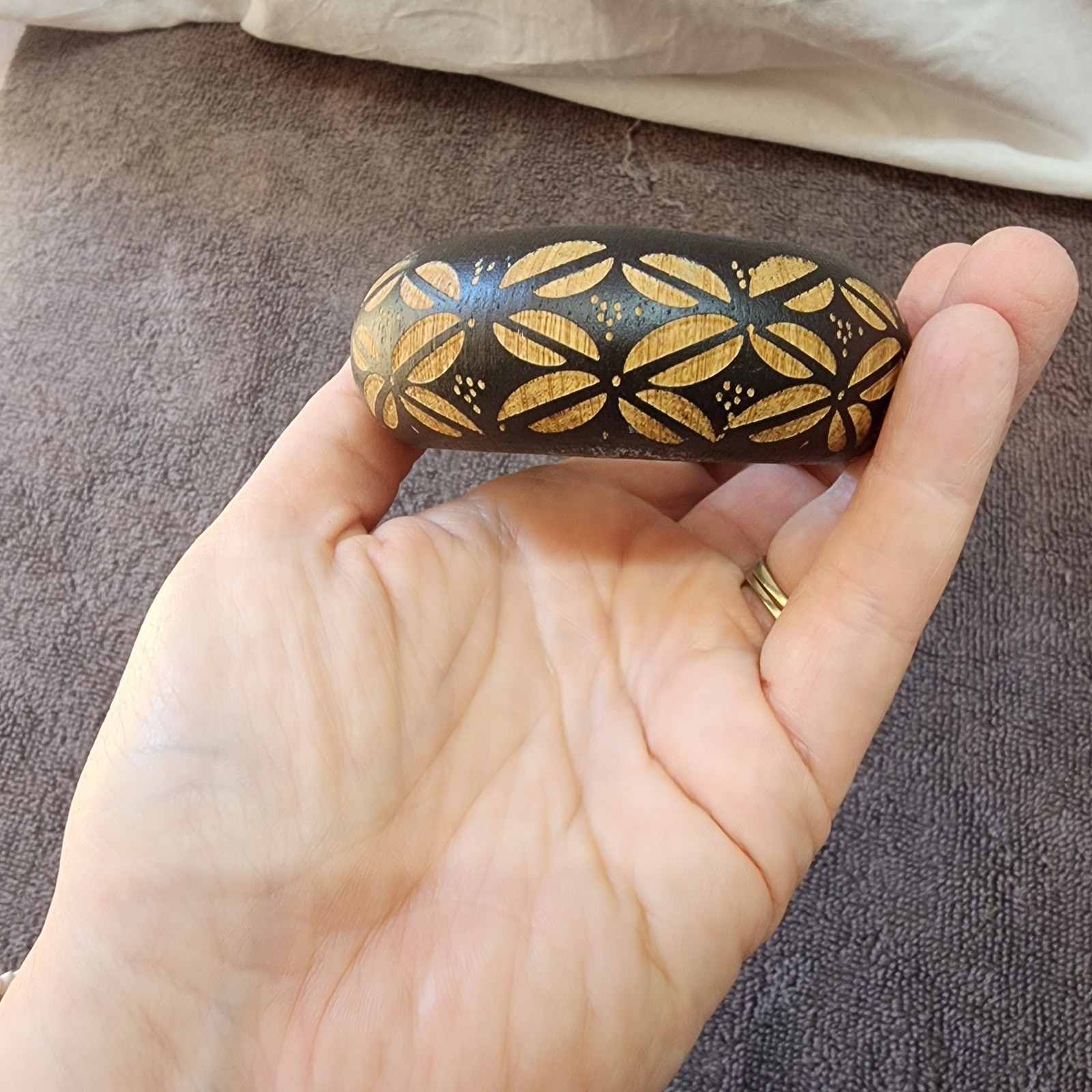 Dark brown Wooden bangle bracelet light brown carvings not signed 1 scrape jb