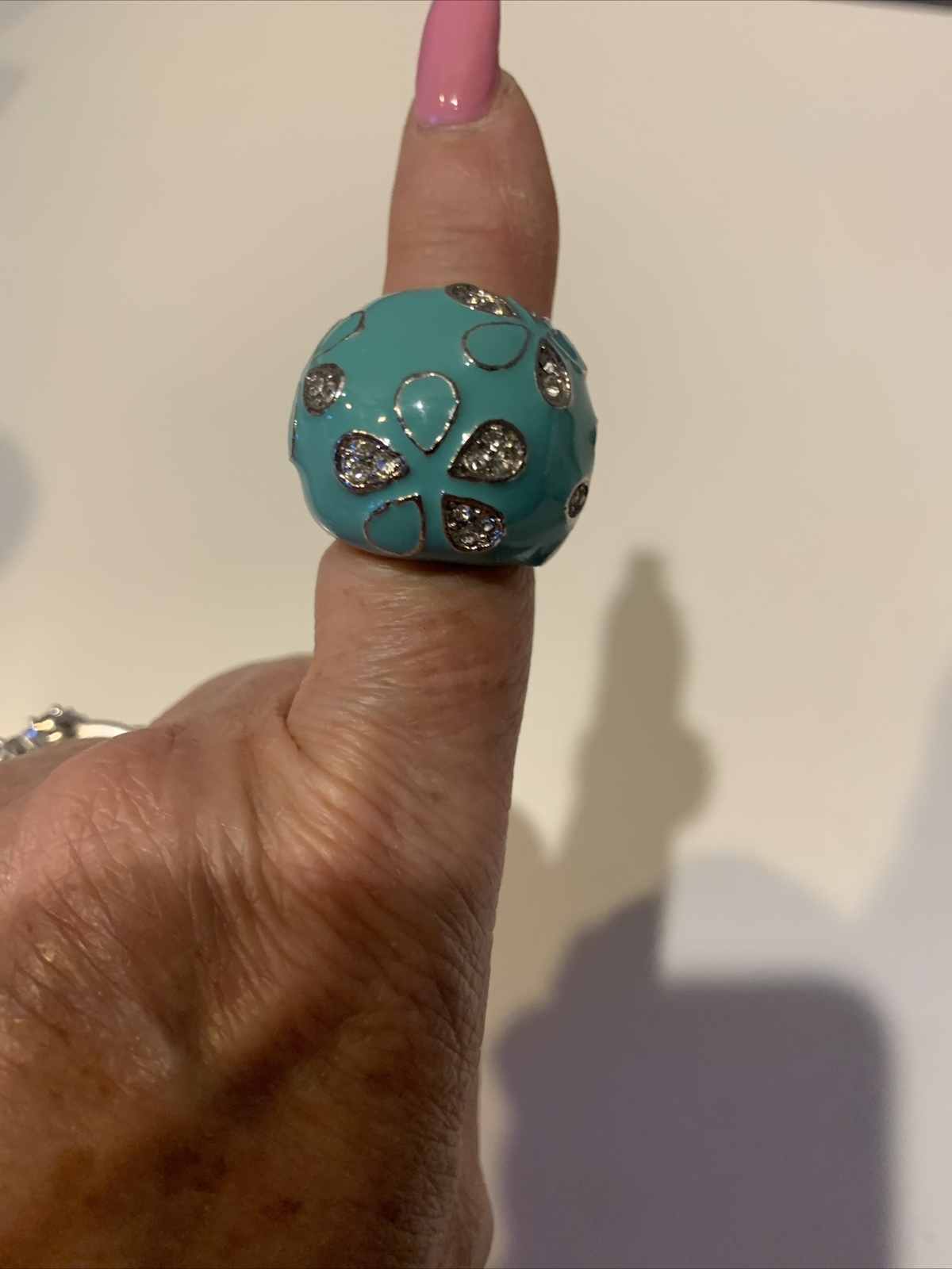 SILVER TONE FASHION TURQUOISE COLOR ENAMEL DOME RHINESTONE COCKTAIL RING SZ. 6.5