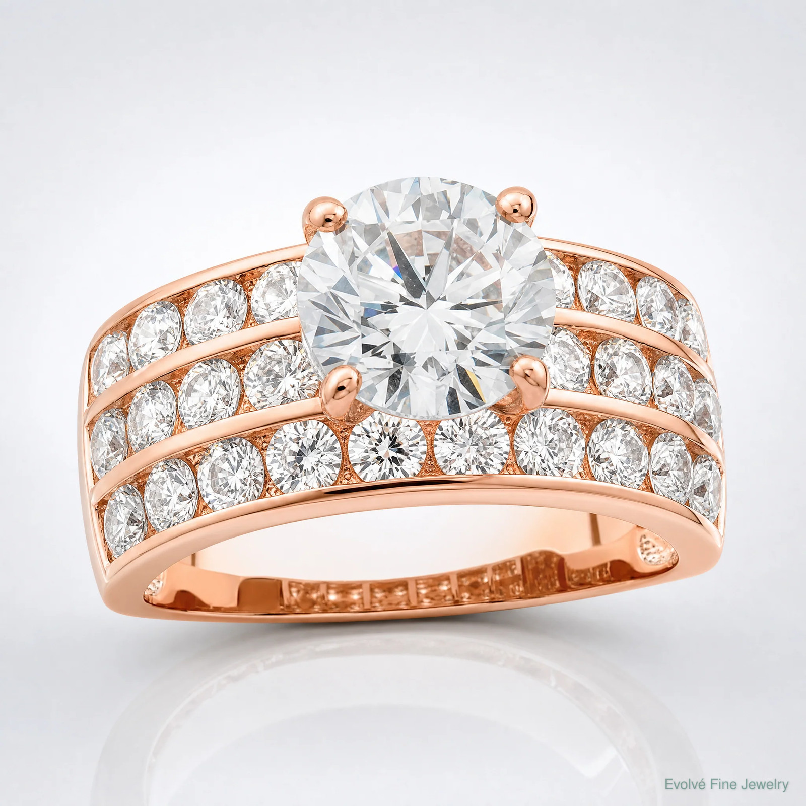 Sterling Silver Polished Rose-Tone 3 Row CZ Ring