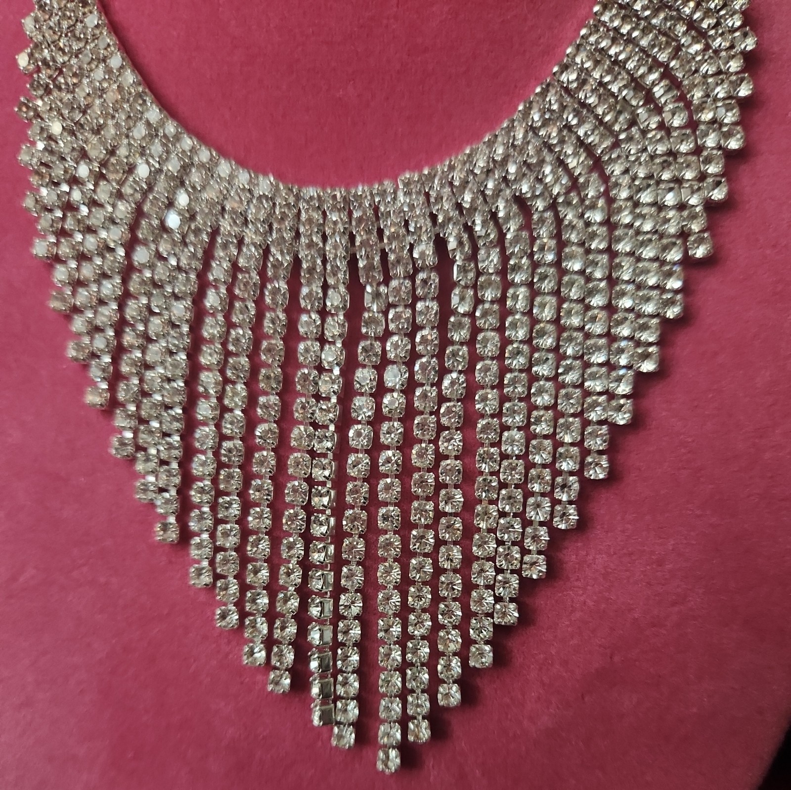 Rhinestone Fringe Necklace Earrings Set Waterfall Statement Glam Jewelry