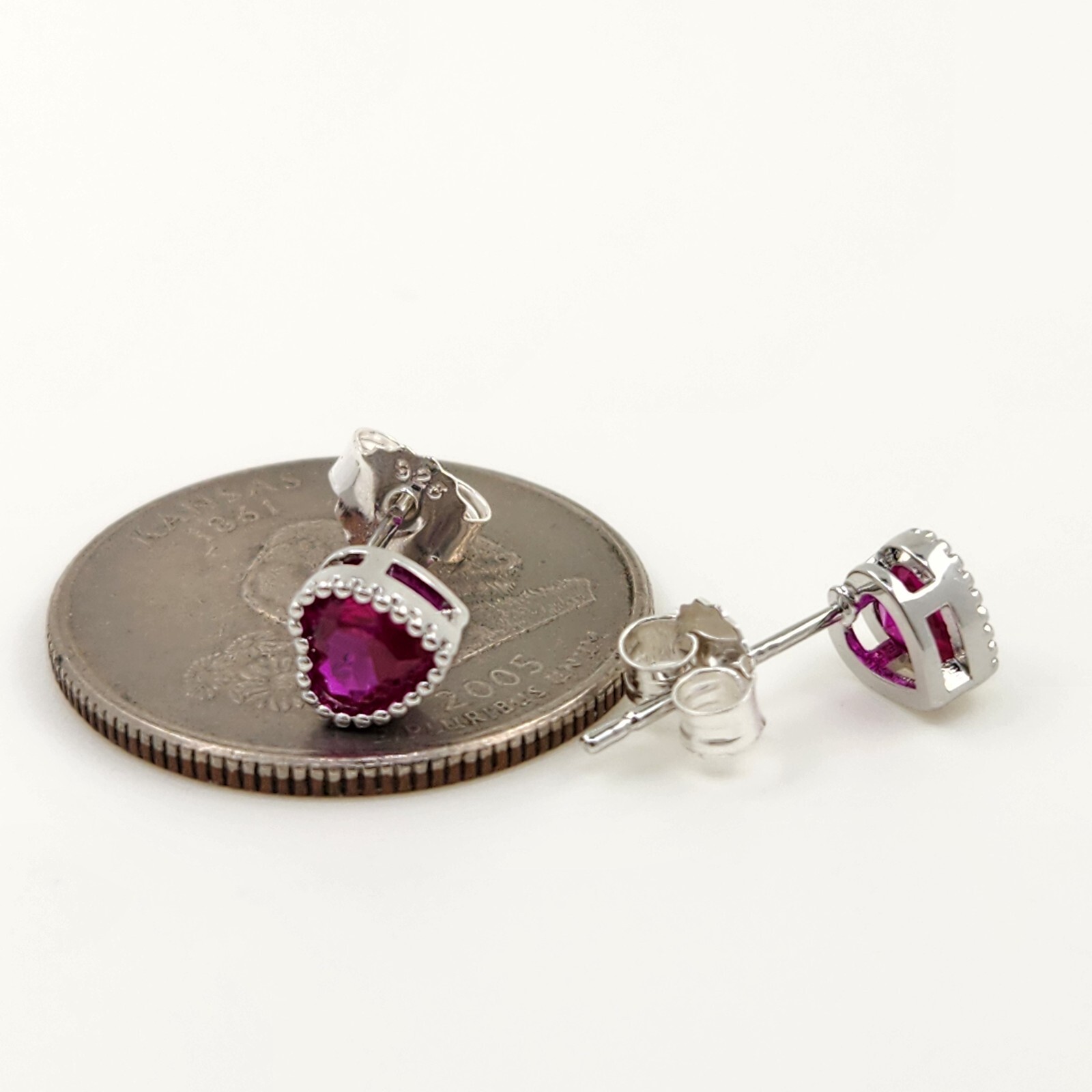 925 Sterling Silver Heart 6.5mm Ruby Bezel Earrings Gemstone