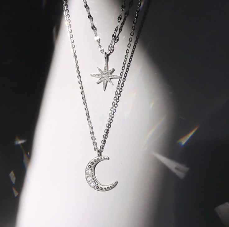 Layered Star Moon CZ Pendant 925 Sterling Silver Choker Necklace Women Gift PE55