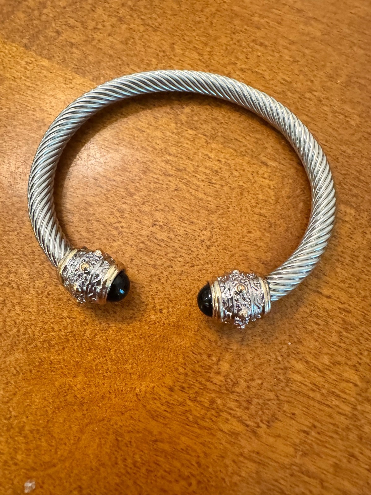 Silver-Tone Twisted Cable Cuff Bracelet with Black Stone Ends 351
