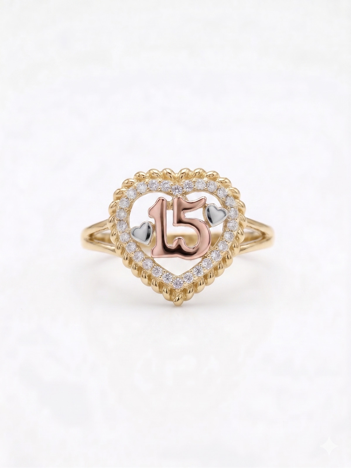 Tri Tone 15 Ring 14K Gold CZ Stones Iced Heart Quinceanera Birthday Gift