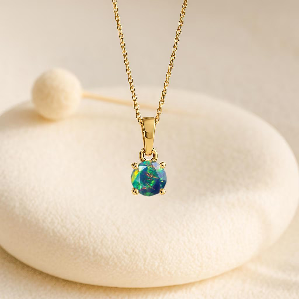 Black Fire Opal Round Gemstone Pendant Necklace, Ethiopian Opal Gemstone Gold