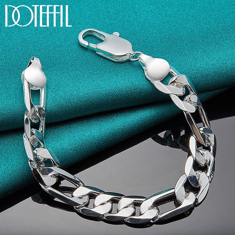 12MM Sterling Silver Bracelet Men 925 Side Chain Fashion Party Jewelry 8 inch