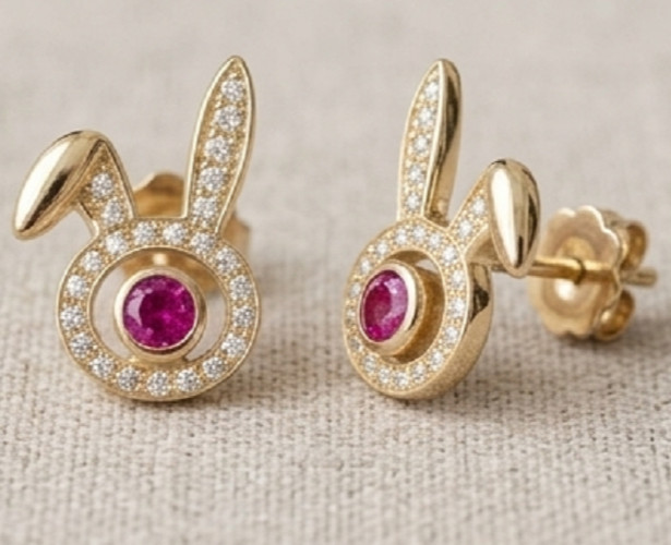 2ct Round simulated Ruby/Diamond Bunny Face Stud Earrings 14k Yellow Gold Plated
