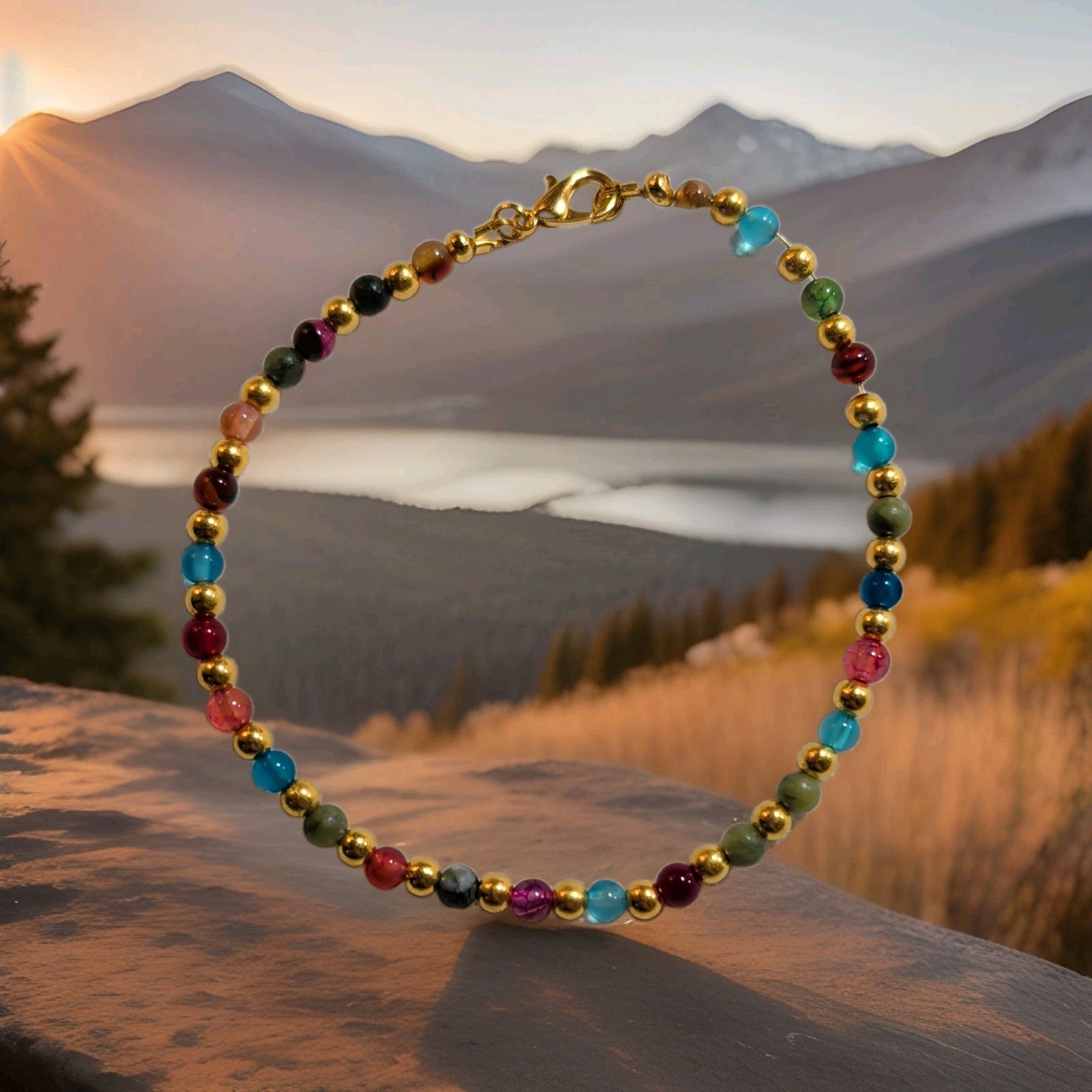 Multicolor Assorted Gemstone Round Bead Bracelet 7.5 in Gold-Tone Lobster
