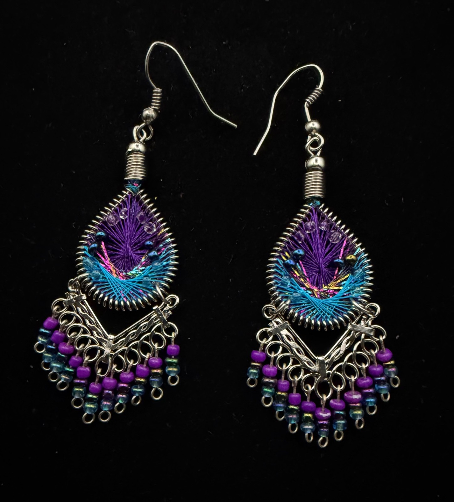Peacock Color String Art Dangle Earrings – Silver Tone – Beaded Boho Drop