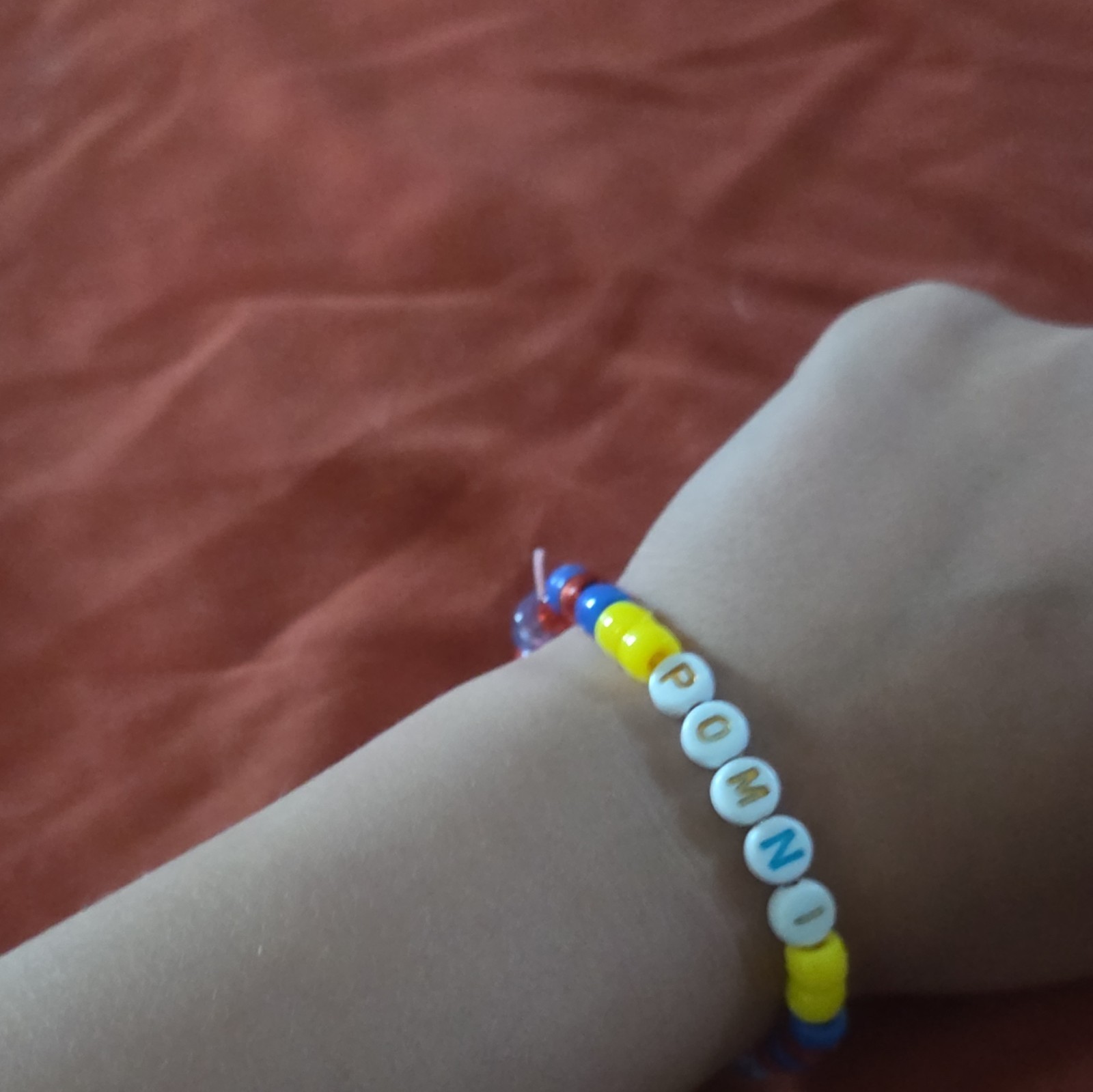 Multicolor Plastic Round Beaded Elastic Stretch Bracelet Letter Beads “POMNI”