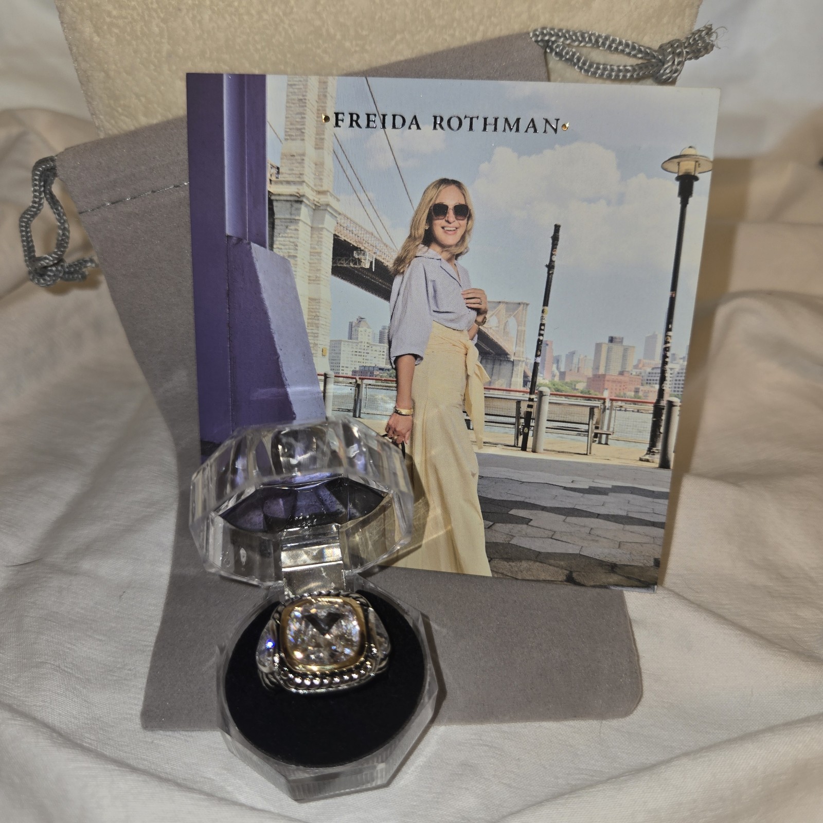 Freida Rothman FAS Crystal Cocktail Ring Two Tone Size 8