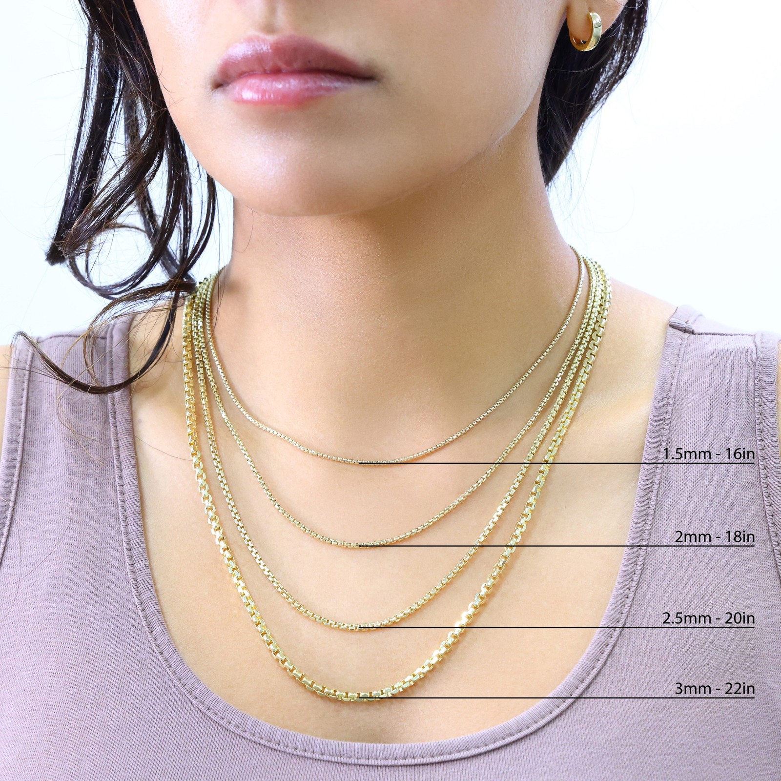 10K Yellow Gold 1.5mm-3.5mm Venetian Round Box Chain Necklace Men Women 16″- 30″