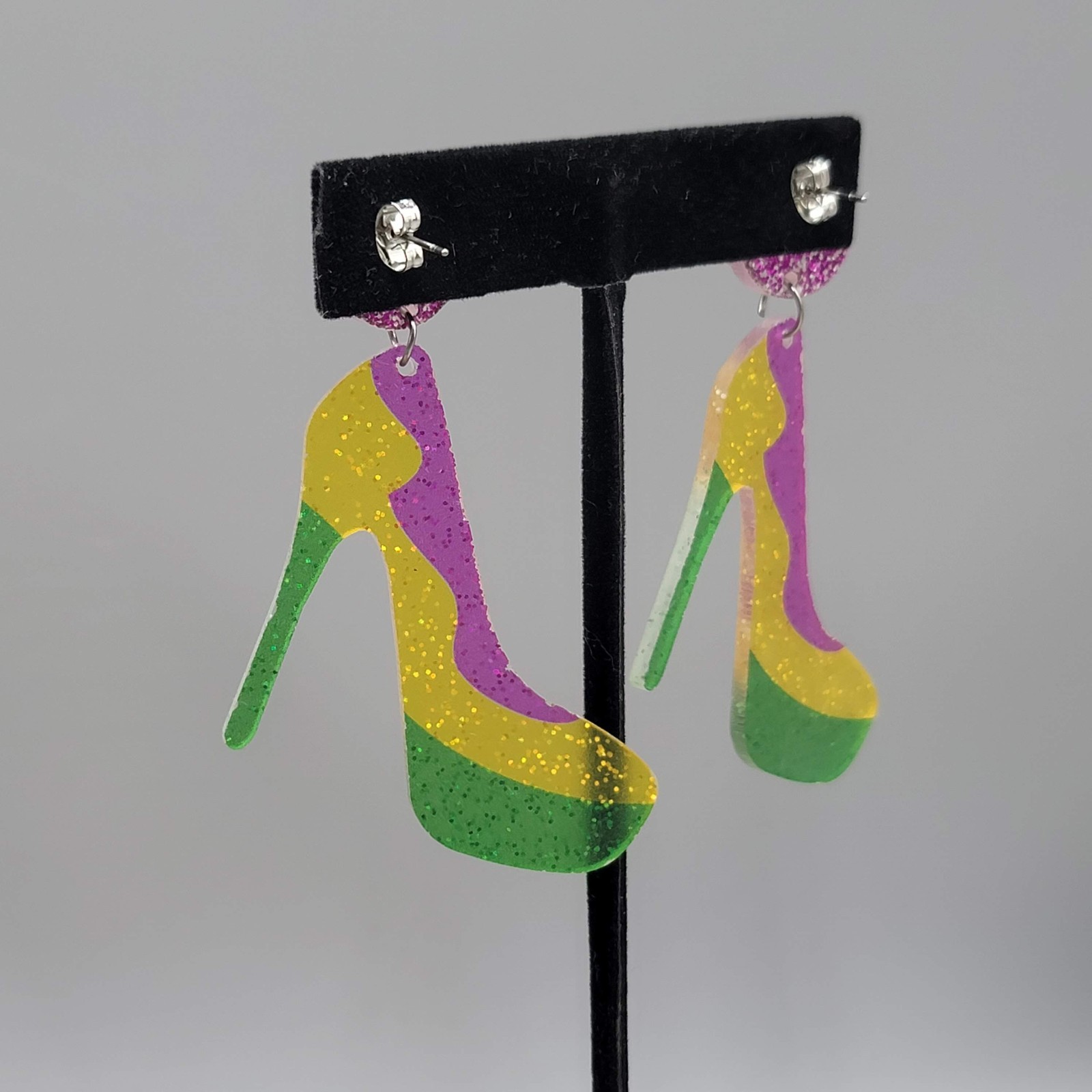 Glitter Multicolor High Heel Shoes Pierced Earrings Large Statement Dangle 2.5″