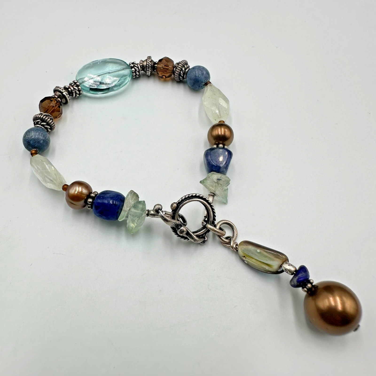Artisan Beaded Bracelet Blue Brown Glass Beads Sterling Silver Toggle 7″