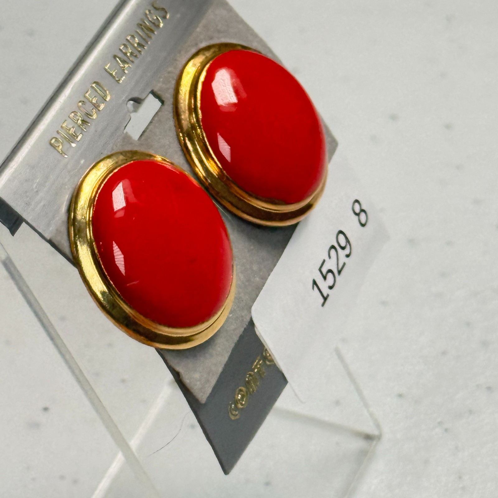 Vintage Pierced Earrings Red Enamel Dome Gold Tone 80s Statement Studs