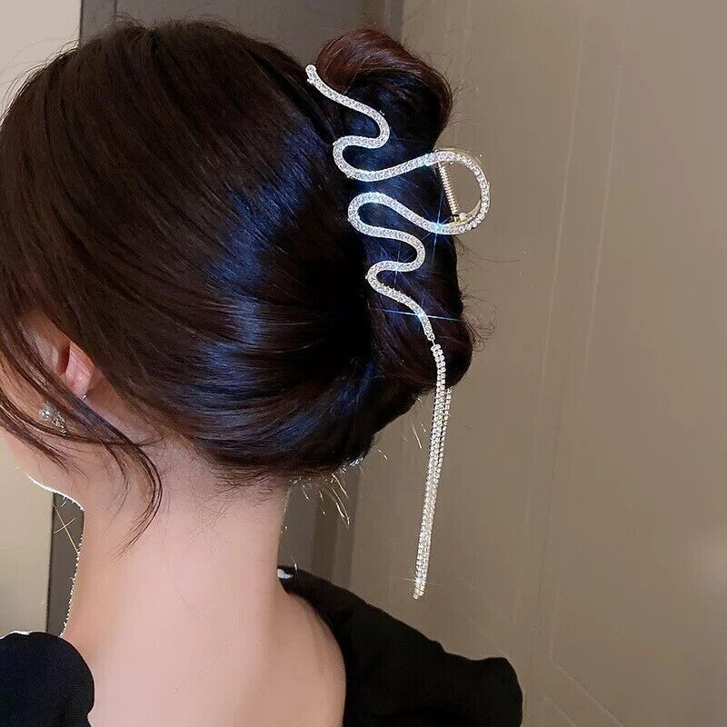 Crystal Hair Clip Rhinestone Large Snake Hair Claw Tassel Chain Flash Clamp Pin
