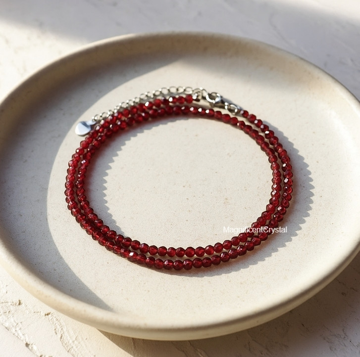 Tiny Red Garnet Gemstone Beaded Minimalist Choker Dainty Birthstone Jewelry Gift