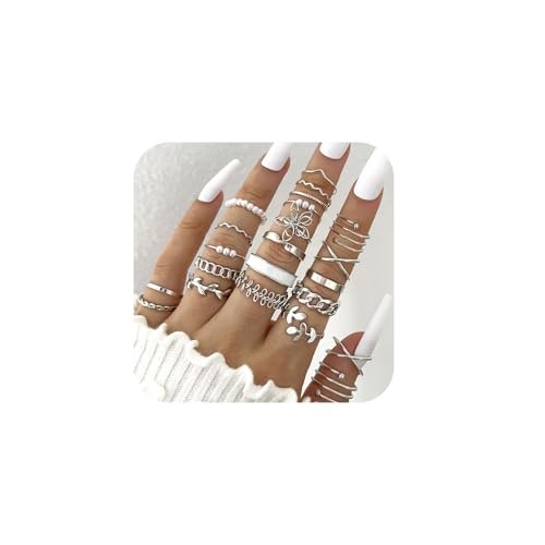 22Psc Gold Knuckle Rings Set for Women Retro Adjustable Stackable Rings Silver