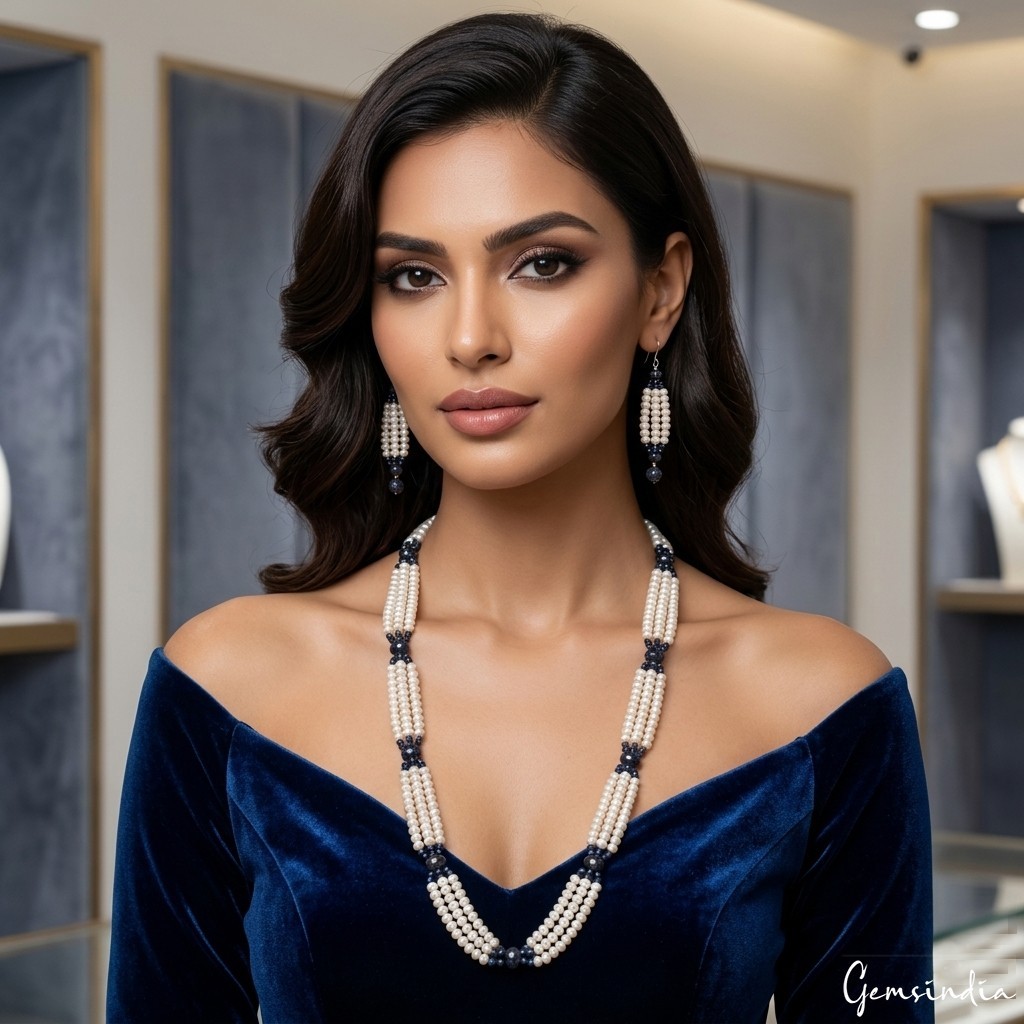 Sapphire & Pearl Necklace 26″ Earring Set, Multi-Strand Statement Beaded Jewelry