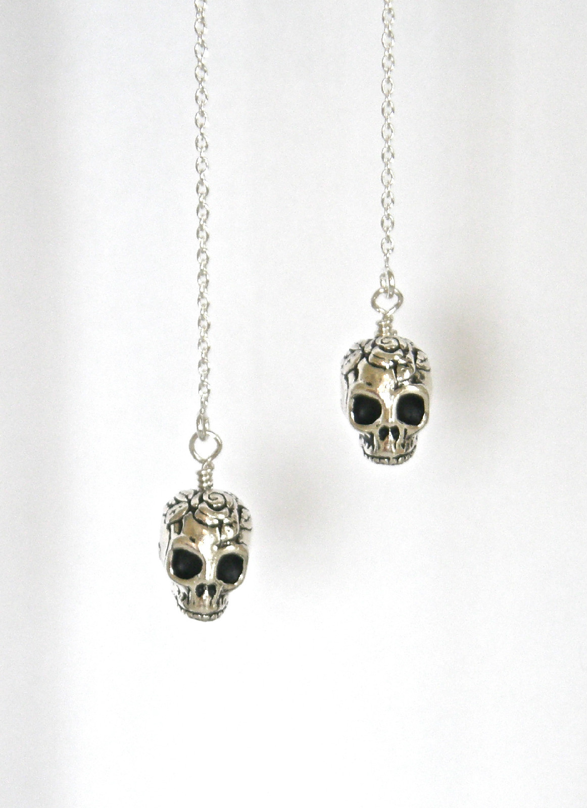 *IAJ* .925 STERLING SILVER Ear Threader Earrings w/3-D SILVER sp SUGAR SKULLS