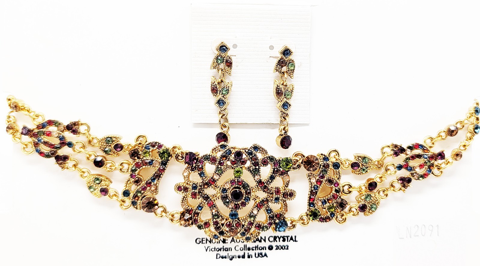 DESIGNER INSPIRED RAINBOW MULTI CRYSTAL CHOKER NECKLACE EARRINGS JEWELRY SET