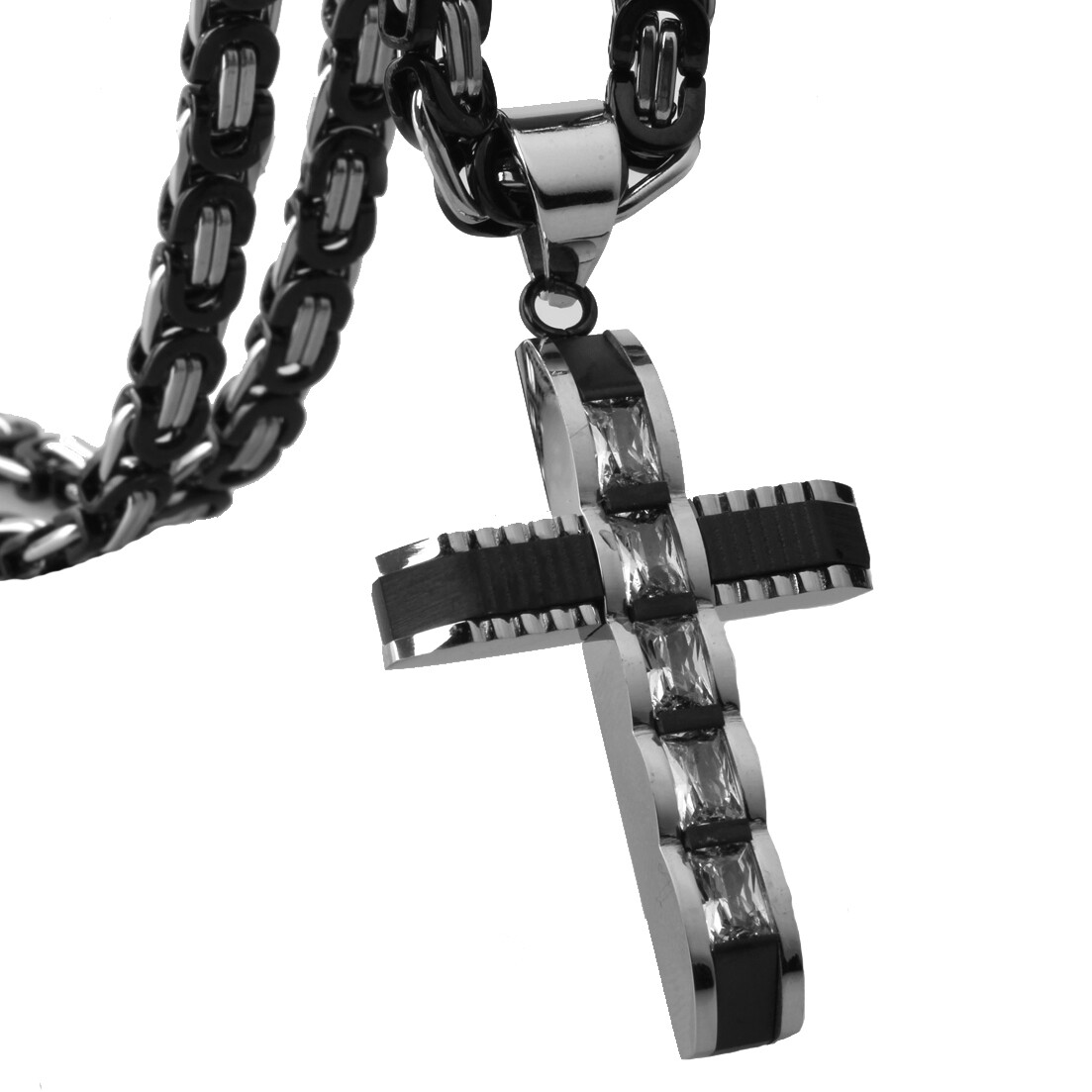 Hot MEN Chain Black Gold Silver Stainless Steel Byzantine Cross Pendant Necklace