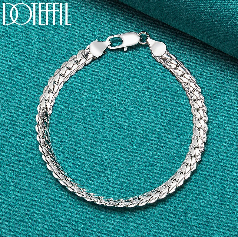 1pc 925 Silver Flat Chain Bracelet Lobster Clasp Jewelry Gift For Woman Man