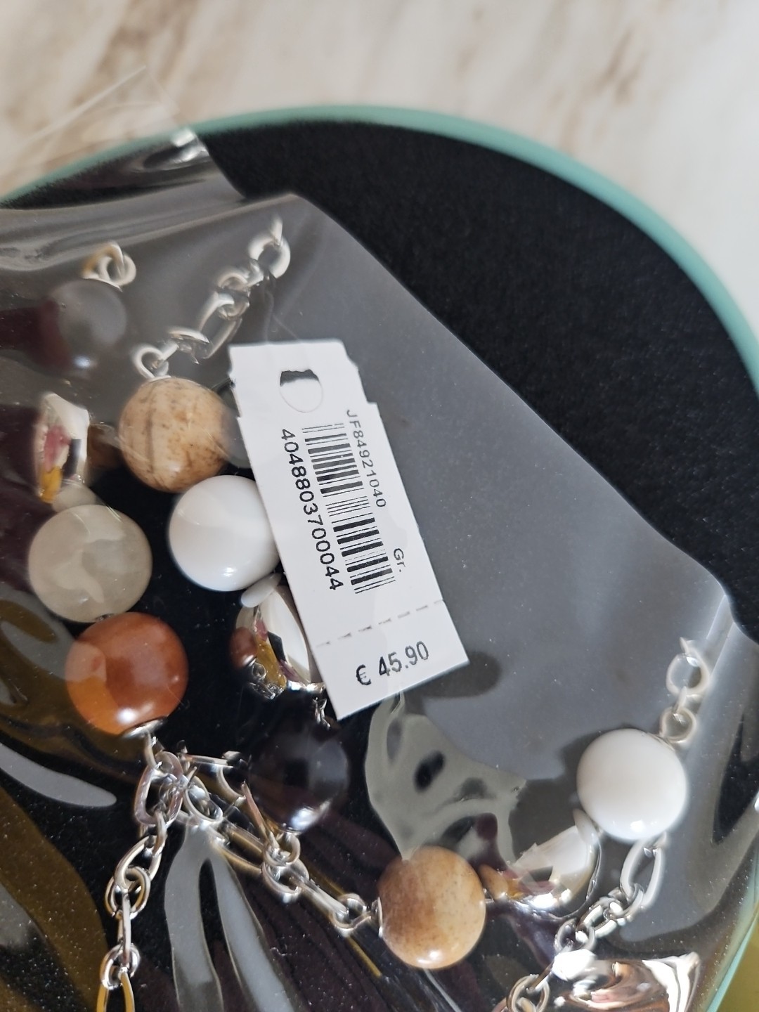 Fossil Necklace Women’s Stainless Steel Big Beads Smoky Quartz New W Tin