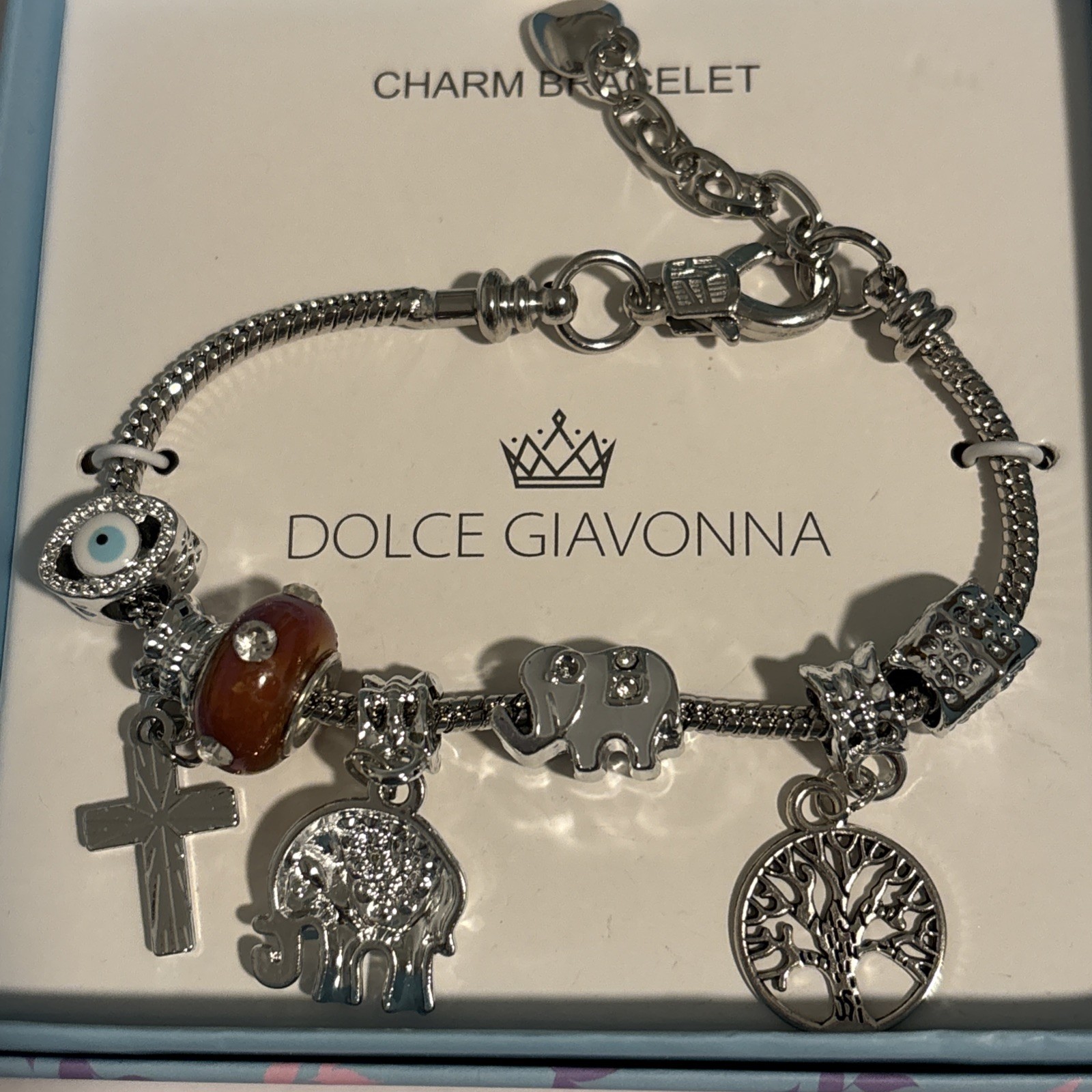 Dolce Giavonna Adjustable Charm Bracelet Silver Evil Eye, Cross, Elephant Dangle
