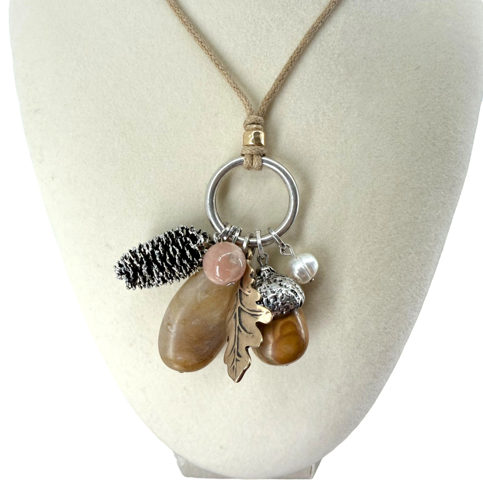 J. Jill Autumn Charm Necklace Pinecone Acorn Leaf Adjustable Fall Boho Cottage