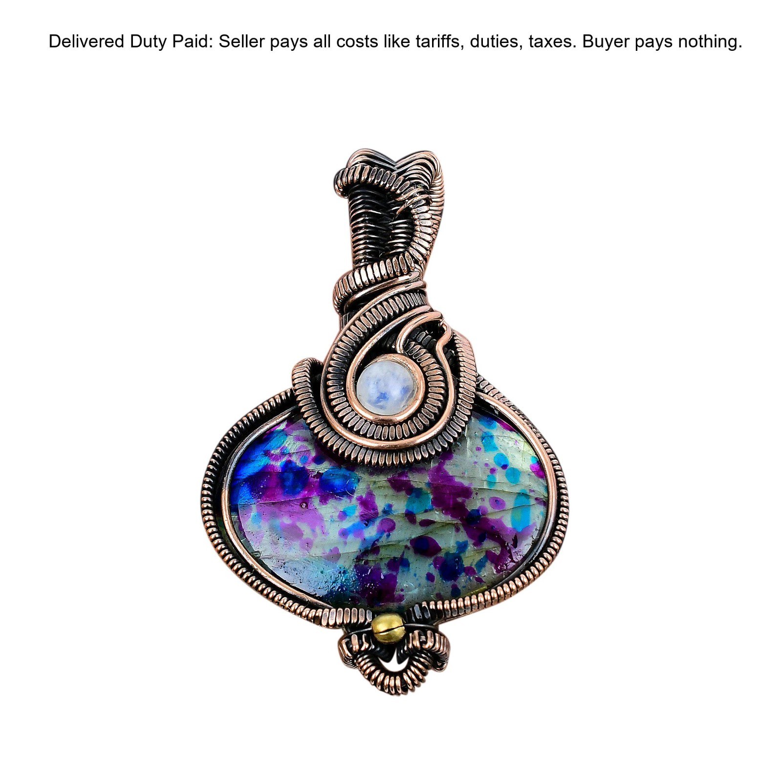 Oval Multi Fire Labradorite Stone Rainbow Moonstone Copper Boho Pendant Jewelry