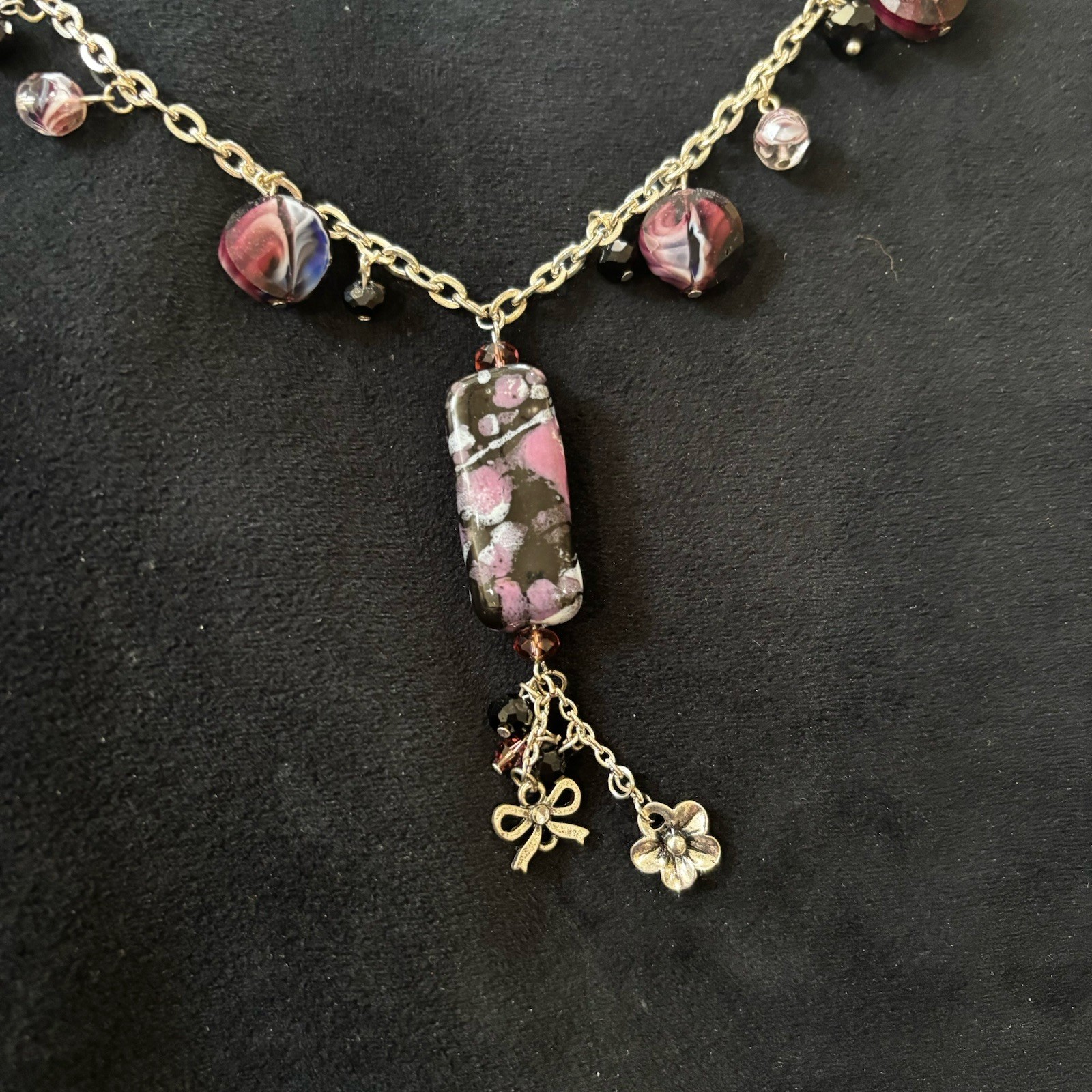 Silver Tone Necklace Purple Black Art Glass Beads Dangle Statement