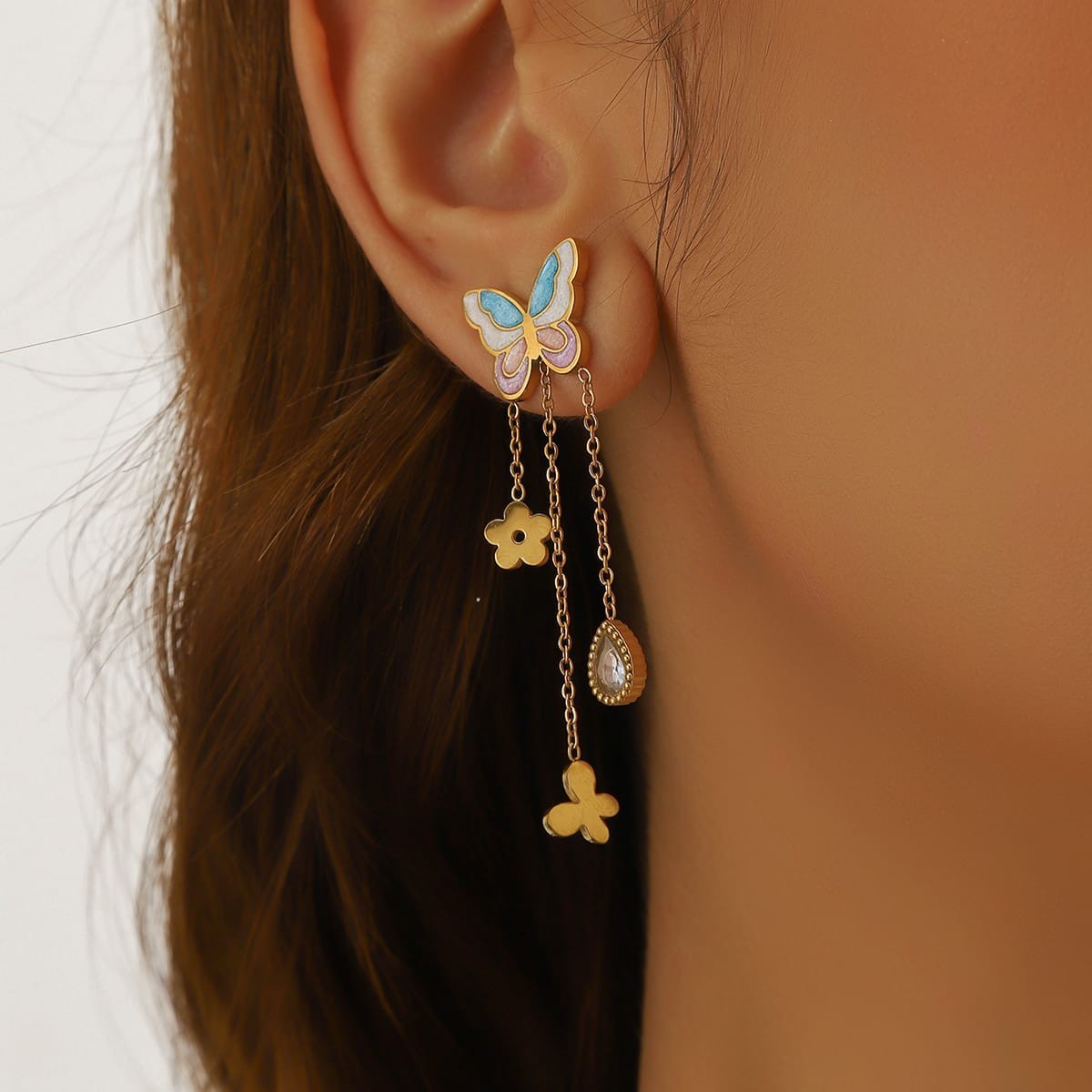 316L Stainless Steel Enamel Butterfly Tassel Jewelry Set for Women