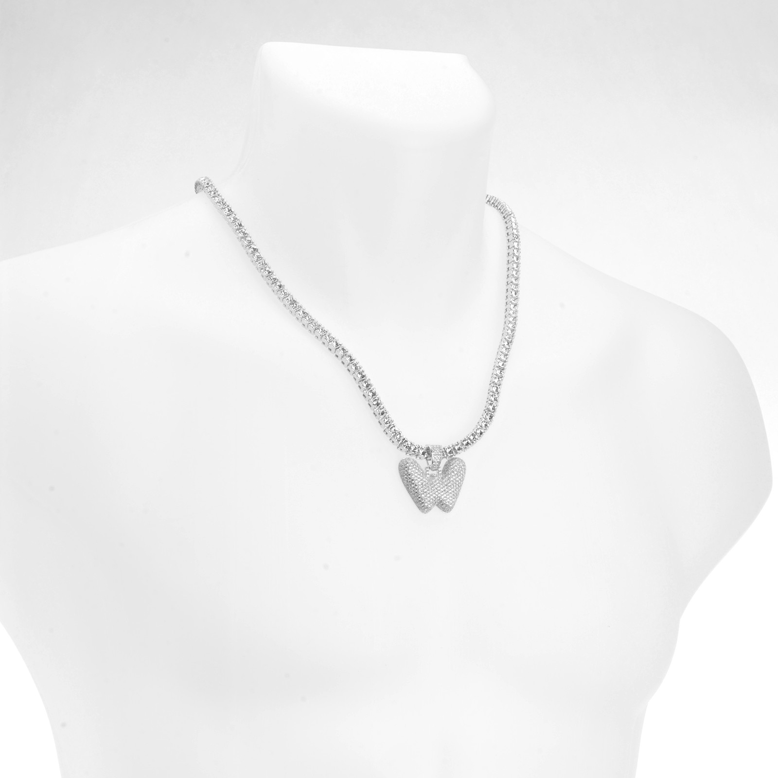 Bubble Letter W Initial Silver Plated Iced Pendant CZ 24″ Tennis Chain Necklace