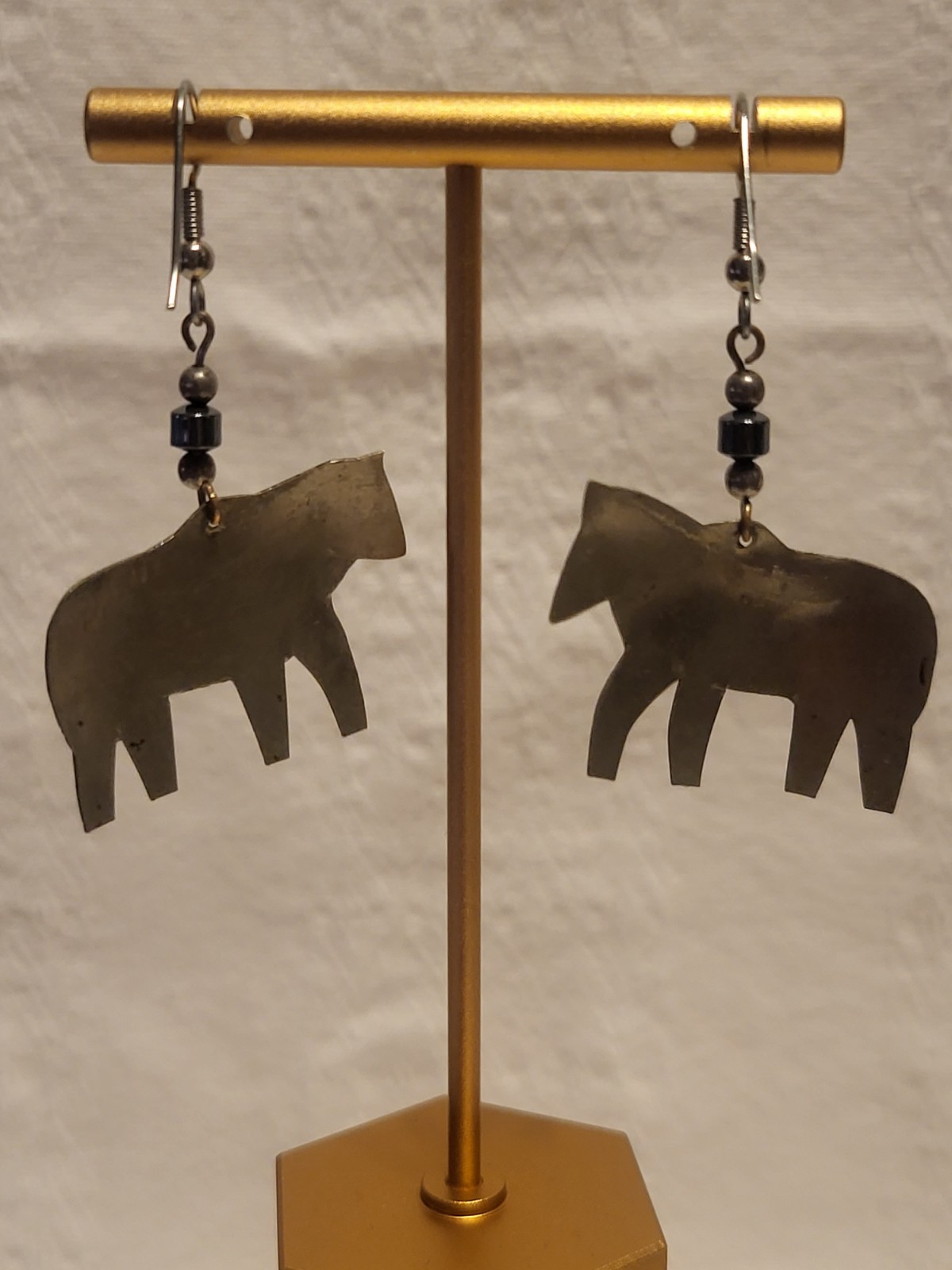 Silver Tone Horse Dangle Drop Hook Earrings Black Beads Metal No Stone
