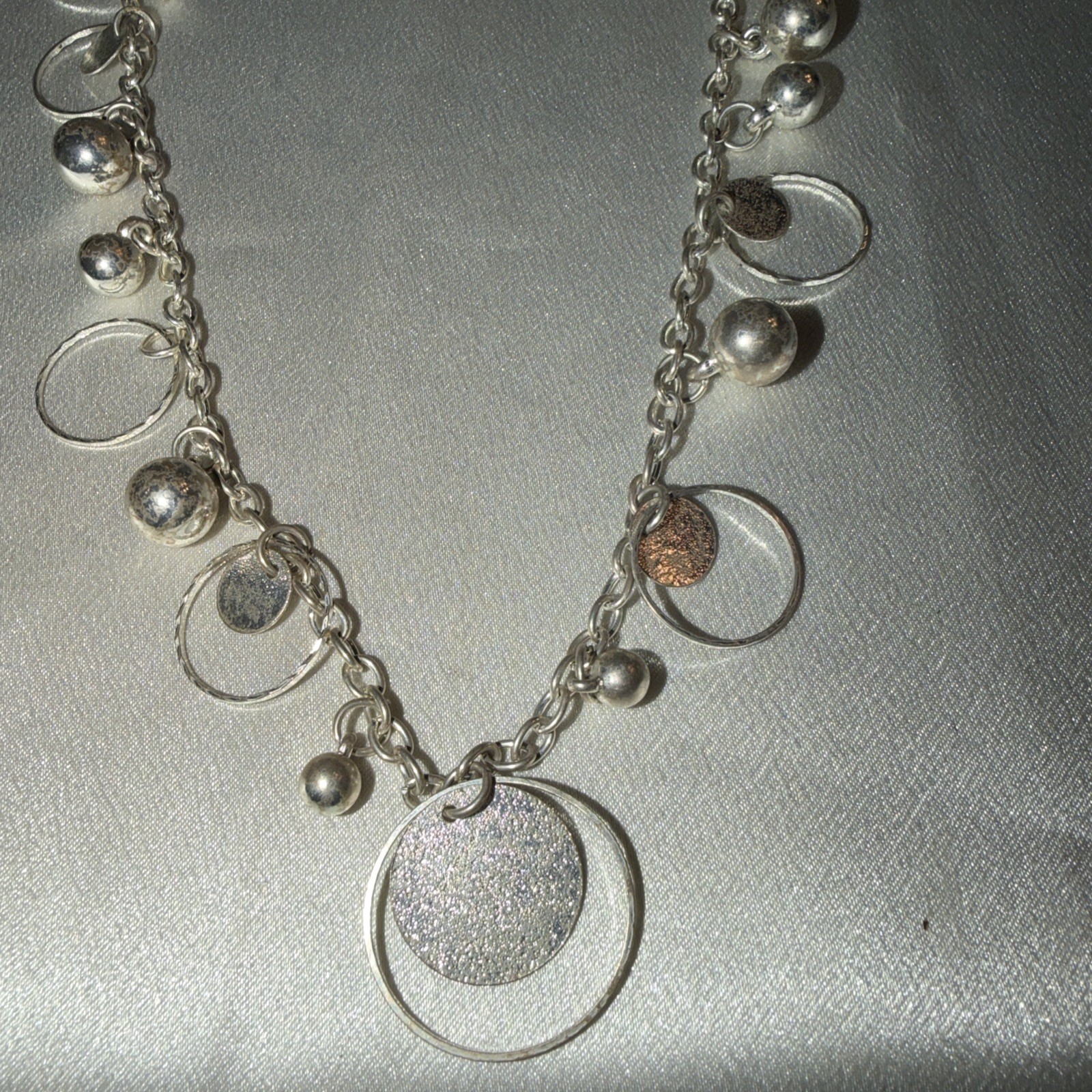 Lea Sophia Silver tone Shimmer Necklace With Silver Beads& Dangles 34 In Long