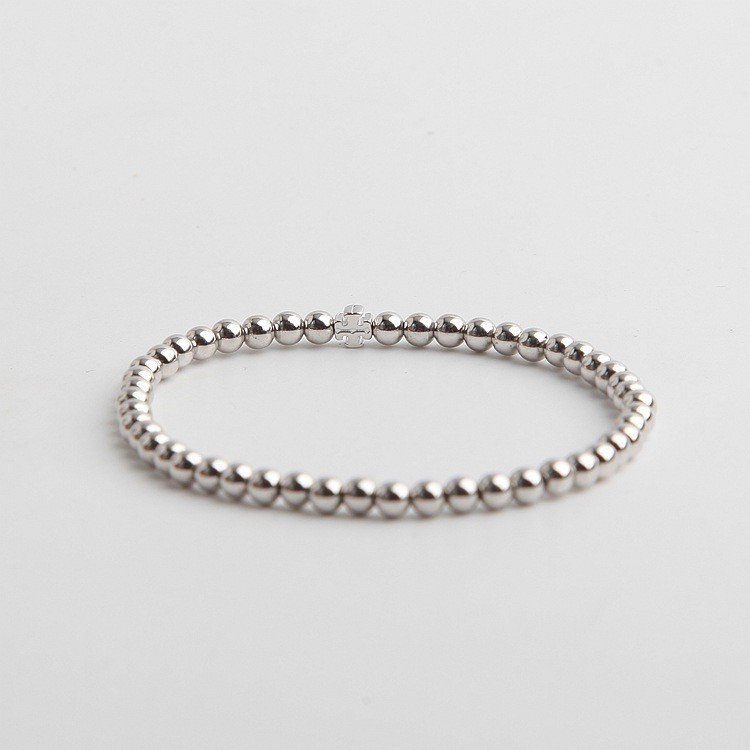 New Burch Silver Beaded Stretch Elastic Bracelet Double T Logo with Jewelry Pouc