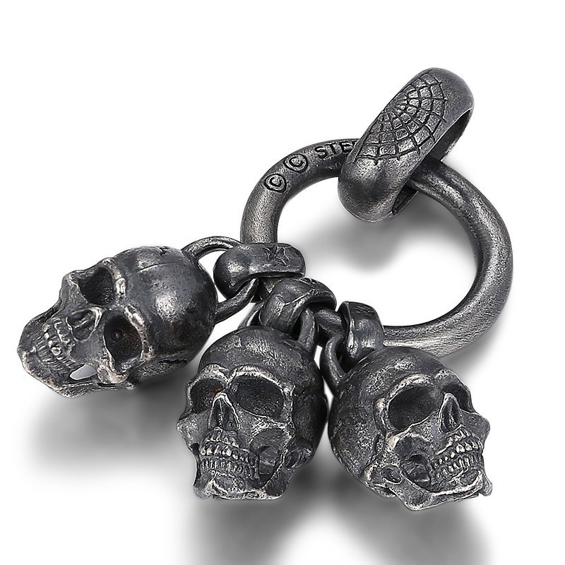 Triple Skull Pendant Black Gothic Biker Charm 19.5g Men’s S925 Sterling Silver
