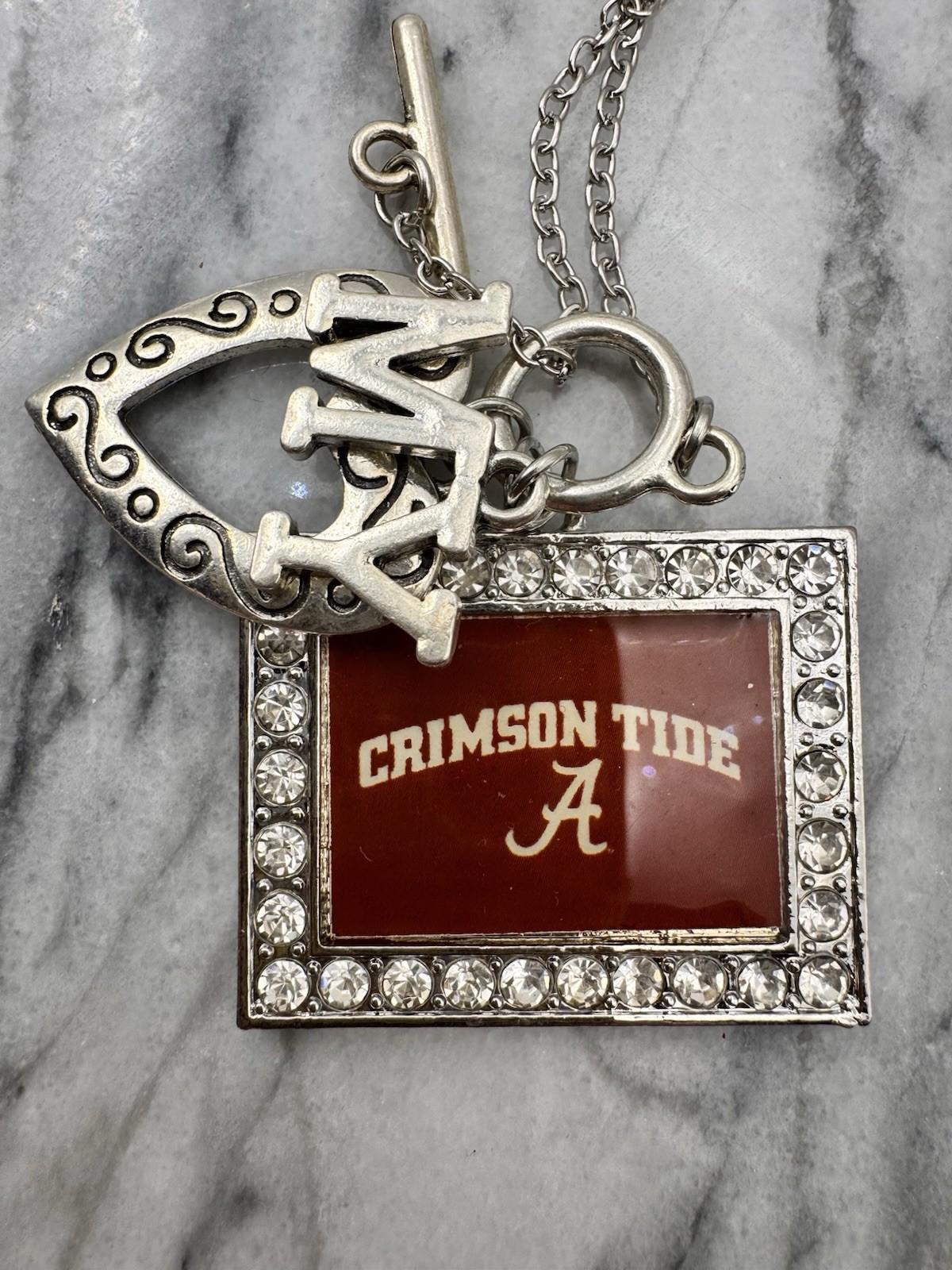 Alabama Crimson Tide Charm Necklace Silver Tone Rhinestone Bama Fan Jewelry