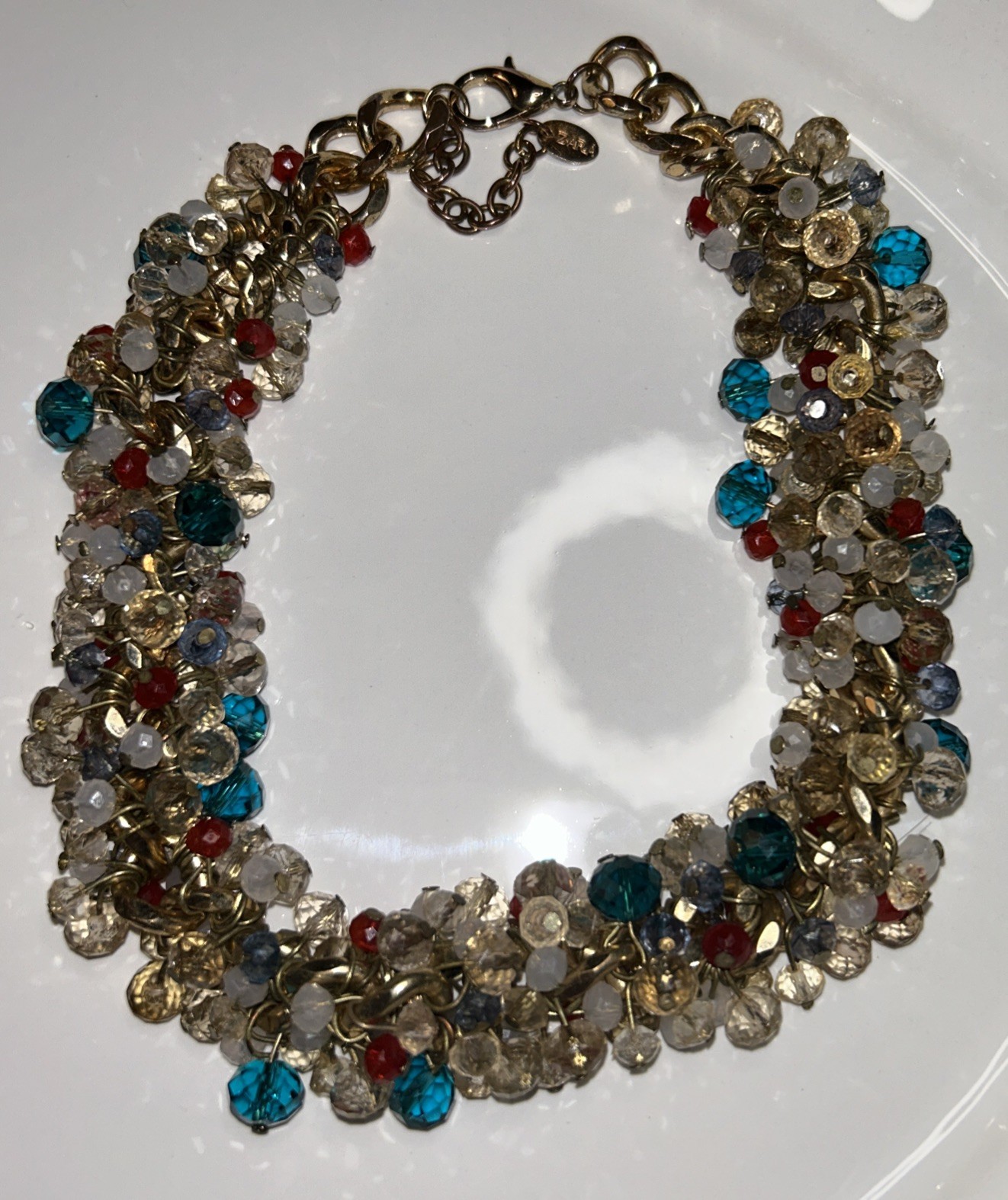 ZARA Gold Tone Chain Statement Necklace Cluster Beads, Blue, Red, Bronze 17-20”