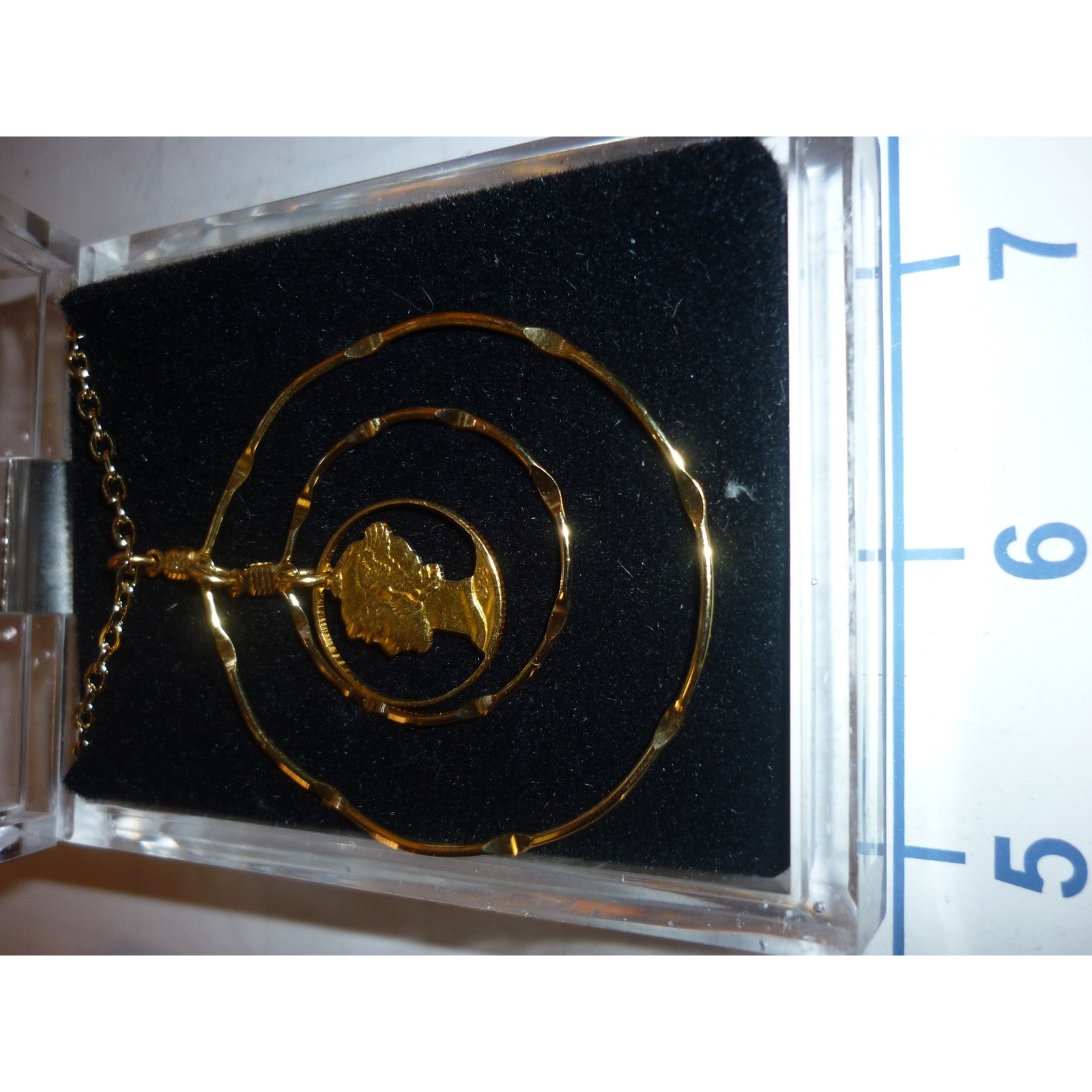 Vintage 1935 Mercury Dime Cut Out Coin Double Hoop Gold Tone Pendant Necklace